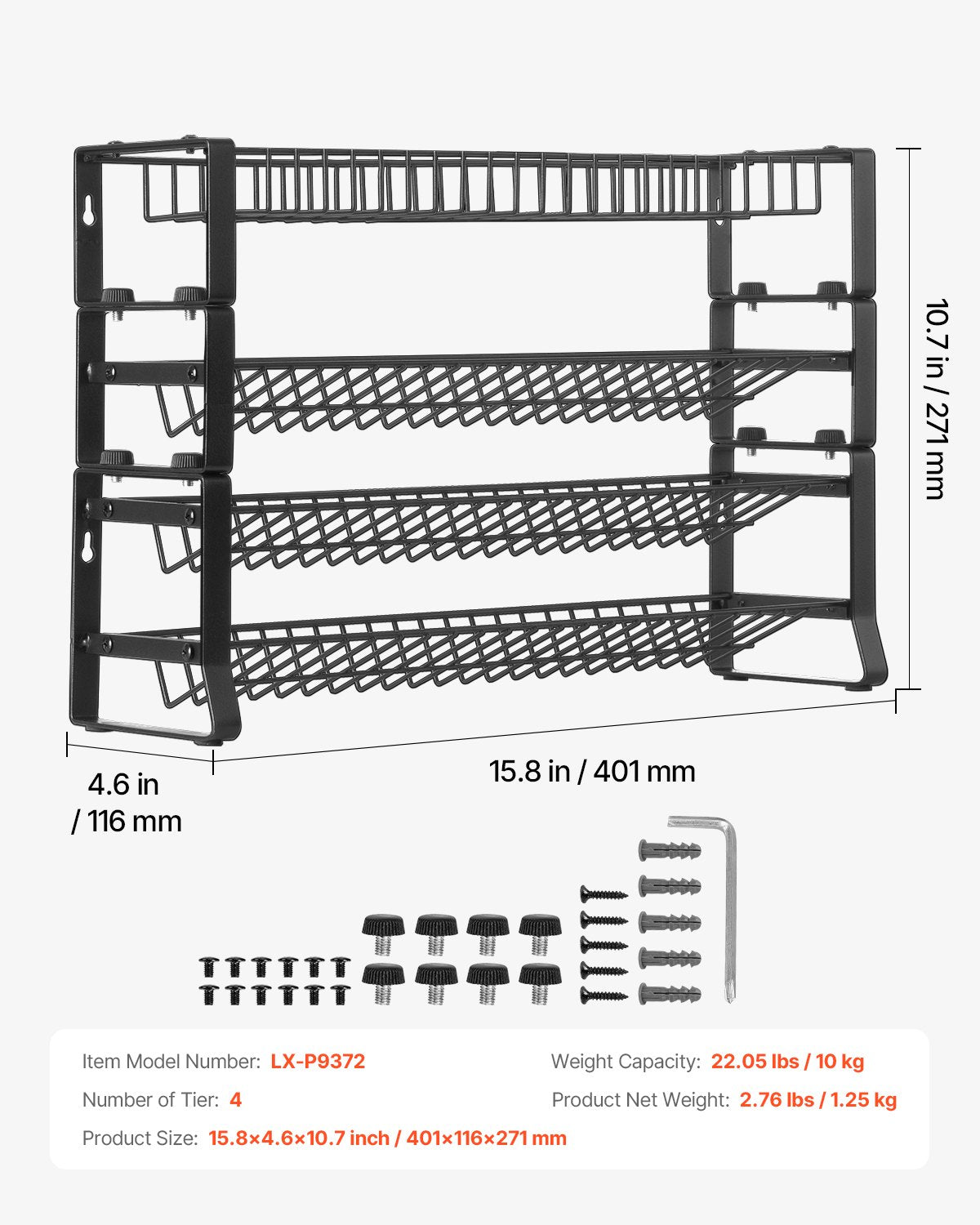 Avtagbar kryddhylla för skåp, stapelbar kryddhylla med 4 hylsor, kryddburkar för köksförvaring för bänkskiva, skafferi, 15,8x10,7 tum