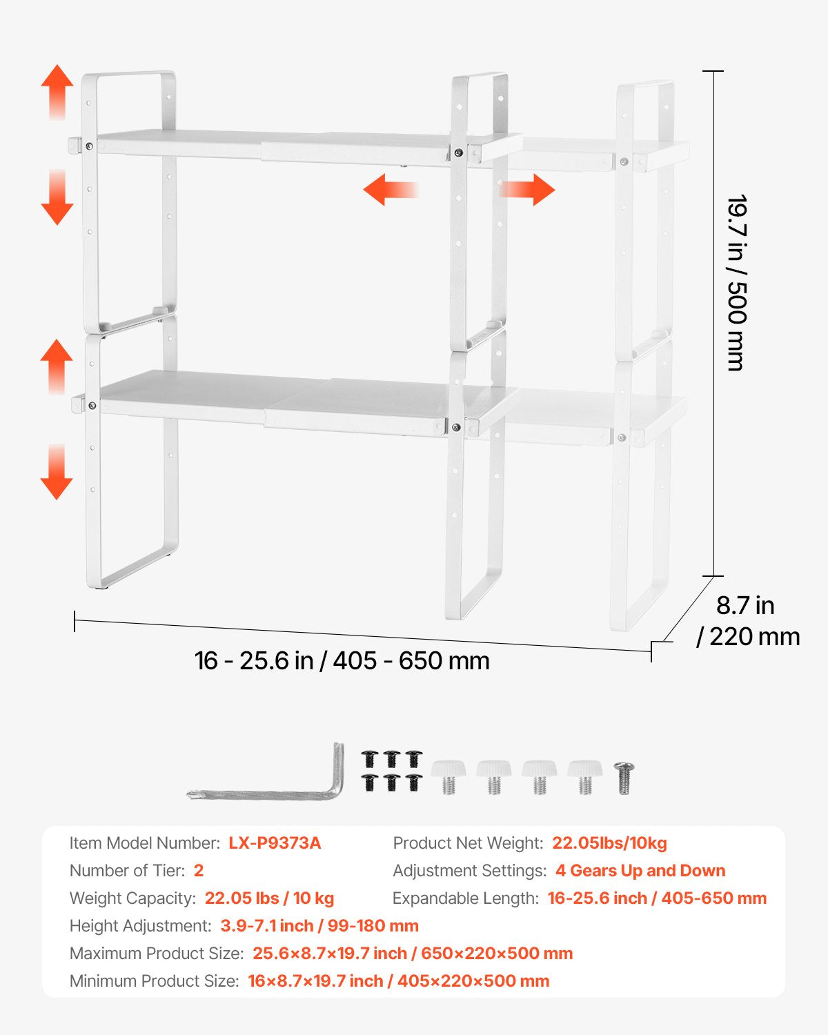 Adjustable Kitchen Cabinet Shelf Organizer, Expandable 2 Tier Cabinet Shelf, Stackable Countertop Organizers and Storage Shelf Risers, Pantry Organizers for Kitchen Bathroom Office, White