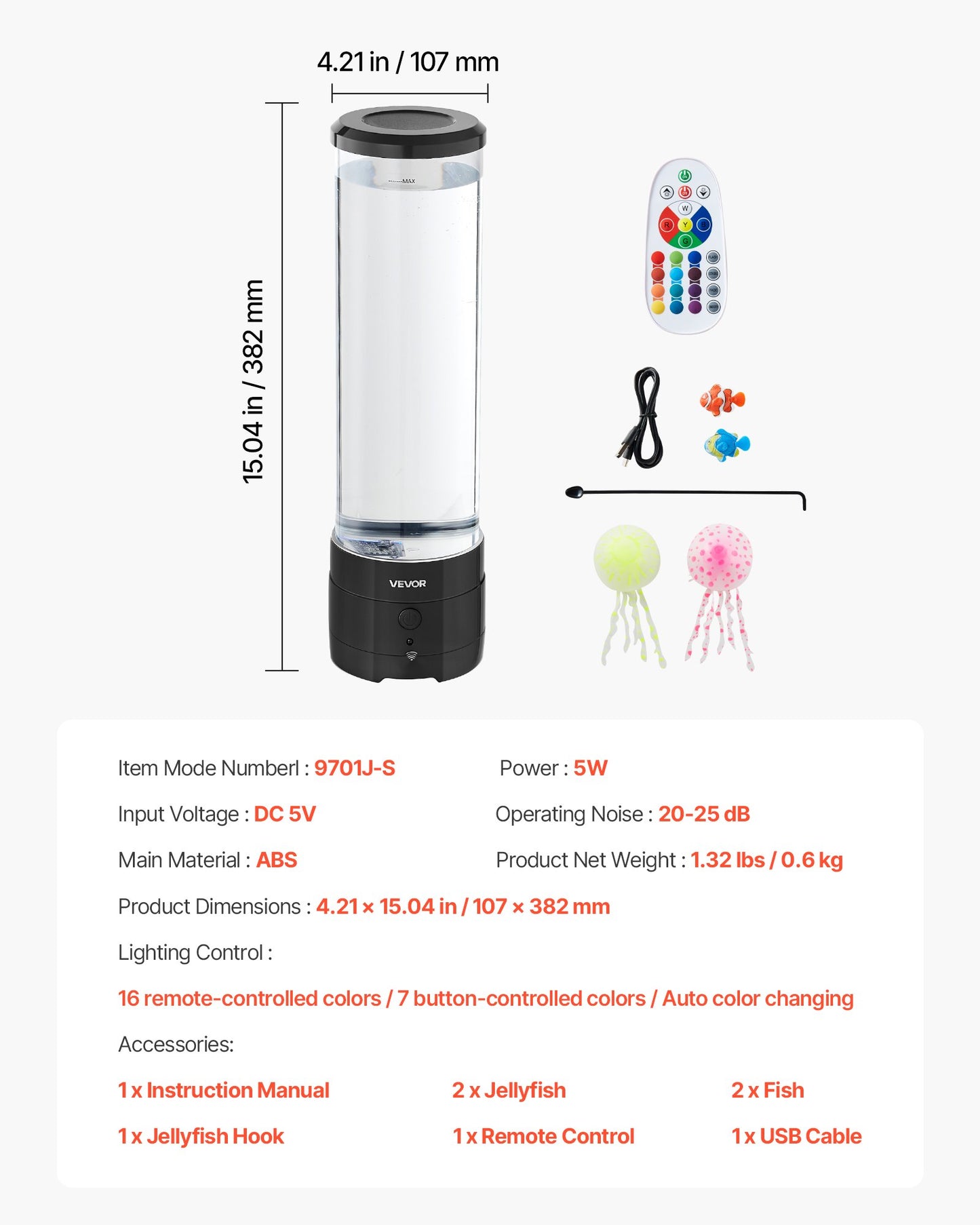Sensorisk bubbelrörslampa 16 fjärrstyrda färgade vattenfisklampor 382 mm