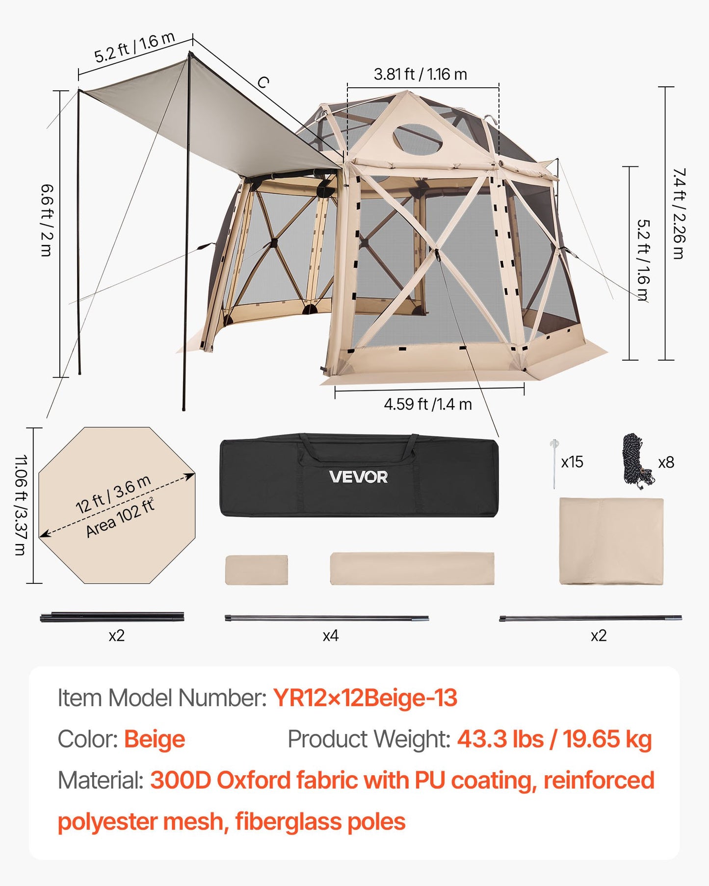 Pop up Gazebo Screen Tent, 3.6x3.6 m, 13-Sided Spherical Camping Canopy Tent with Removable Top & Carry Bag, Quick-Set & Bite-Proof, Screen House Sun Shelter for 8-10 Persons, Beige