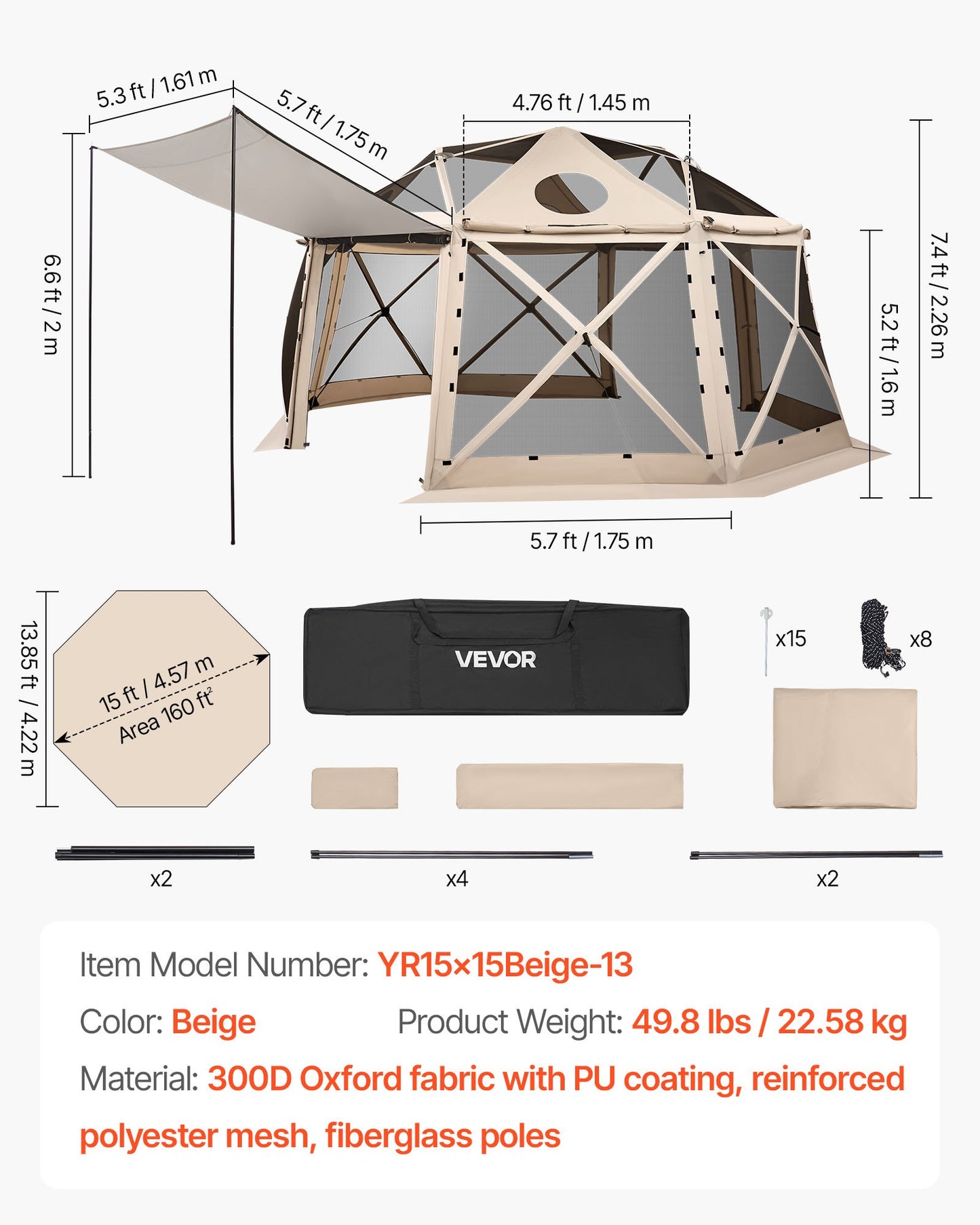 Pop up Gazebo Screen Tent, 4.57 x 4.57 m, 13-Sided Spherical Camping Canopy Tent with Removable Top & Carry Bag, Quick-Set & Bite-Proof, Screen House Sun Shelter for 12-15 Persons, Beige