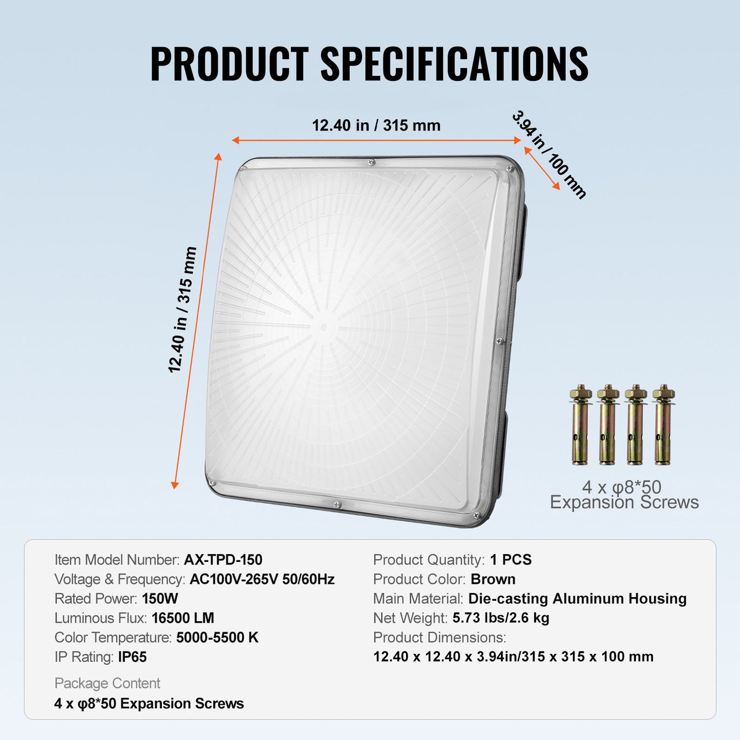 LED-takbelysning, 150W, 16500LM 5000K dagsljus Kommersiell industriell utomhustakbelysning, 315mm x 315mm utanpåliggande takbelysning för bensinmack, lager, garage, gatubutik, hotell, IP65