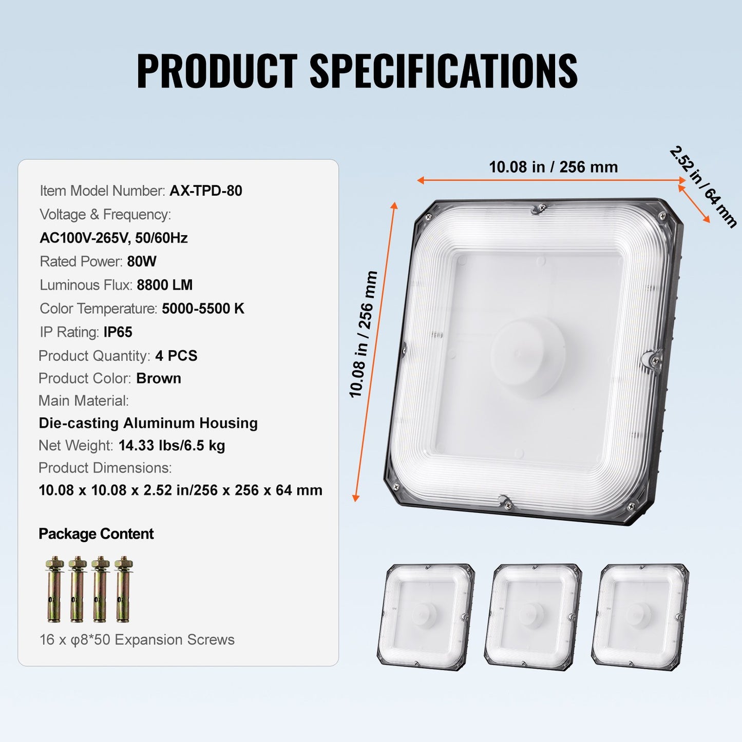 4-pack LED-taklampor, 80W, 8800LM 5000K dagsljus kommersiella industriella utomhustaklampor, 256mm x 256mm ytmonterad takbelysning för bensinmack, lager, garage, gatubutik, IP65