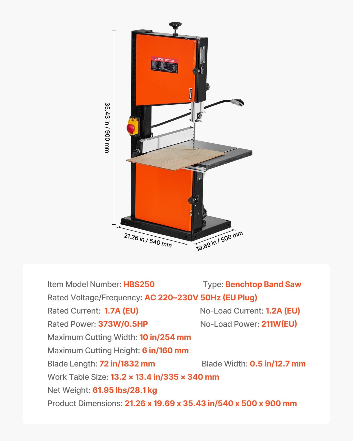 Band Saw, 254 mm, Two-Speed Benchtop Bandsaw with 373W 1/2 HP Motor, 160 mm Max Cutting Height, 335 x 340 mm Cast Iron Table, with 360° Work Light, Miter Gauge, Fence, Band Saw for Woodworking