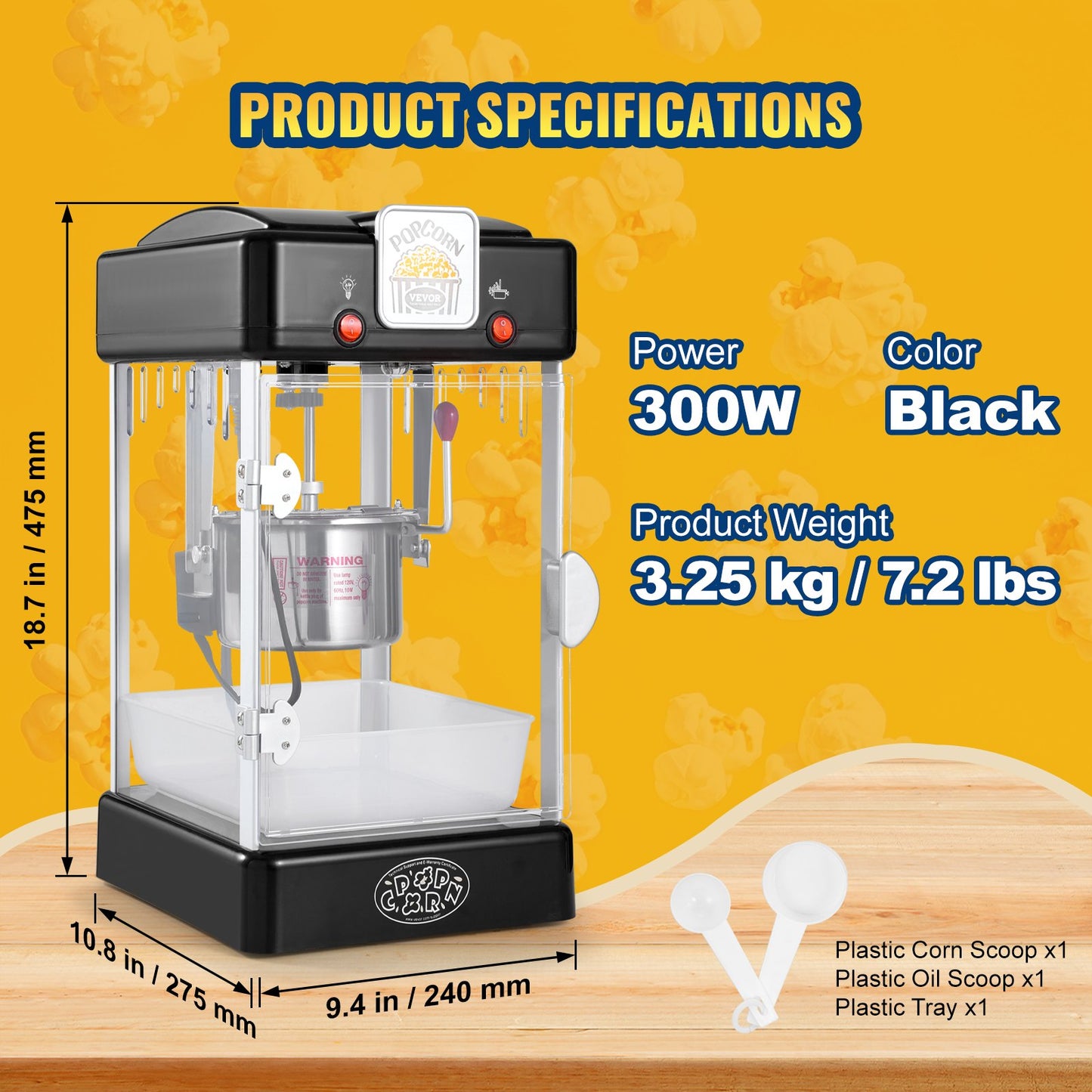 Popcorn Maker, 300W Popcorn Popper Machine, 2.5 Oz Kettle Makes 4 QT per Batch, Tabletop Popcorn Maker with PP Door, Includes 2 Scoops and Tray, Movie Theater Style, Black