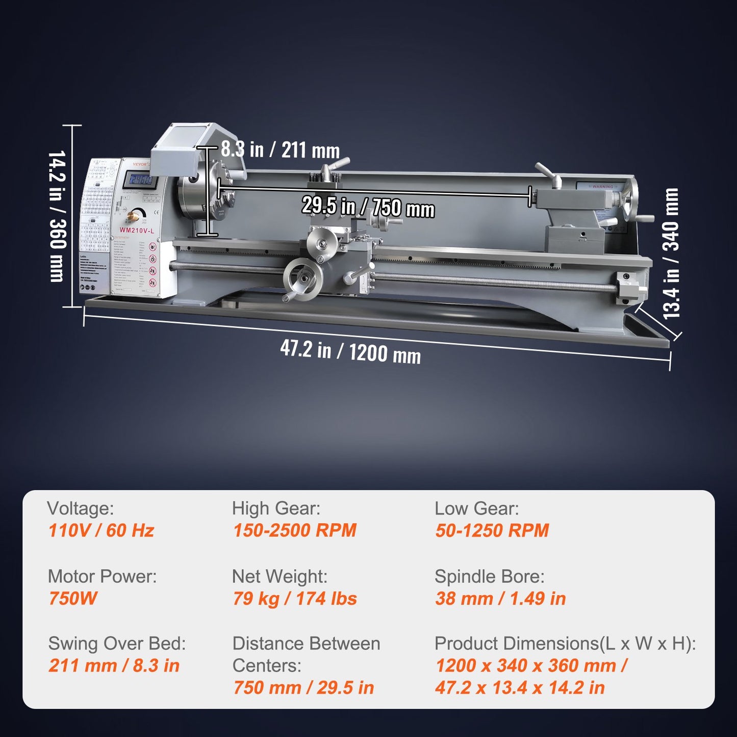 Metal Lathe Machine, 21.1 cm x 75 cm, Precision Benchtop Power Metal Lathe, 0-2500 RPM Continuously Variable Speed, 750W Brushless Motor Metal Gears, with Tool Box for Processing Precision Parts