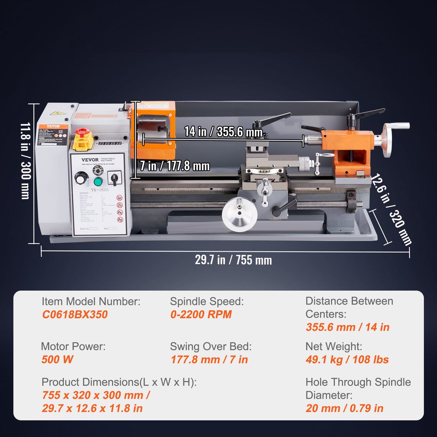 Metal Lathe Machine, 7'' x 13.78'', Precision Benchtop Power Metal Lathe, 0-2200 RPM Continuously Variable Speed, 500W Brush Motor Metal Gears, with Tool Box for Processing Precision Parts