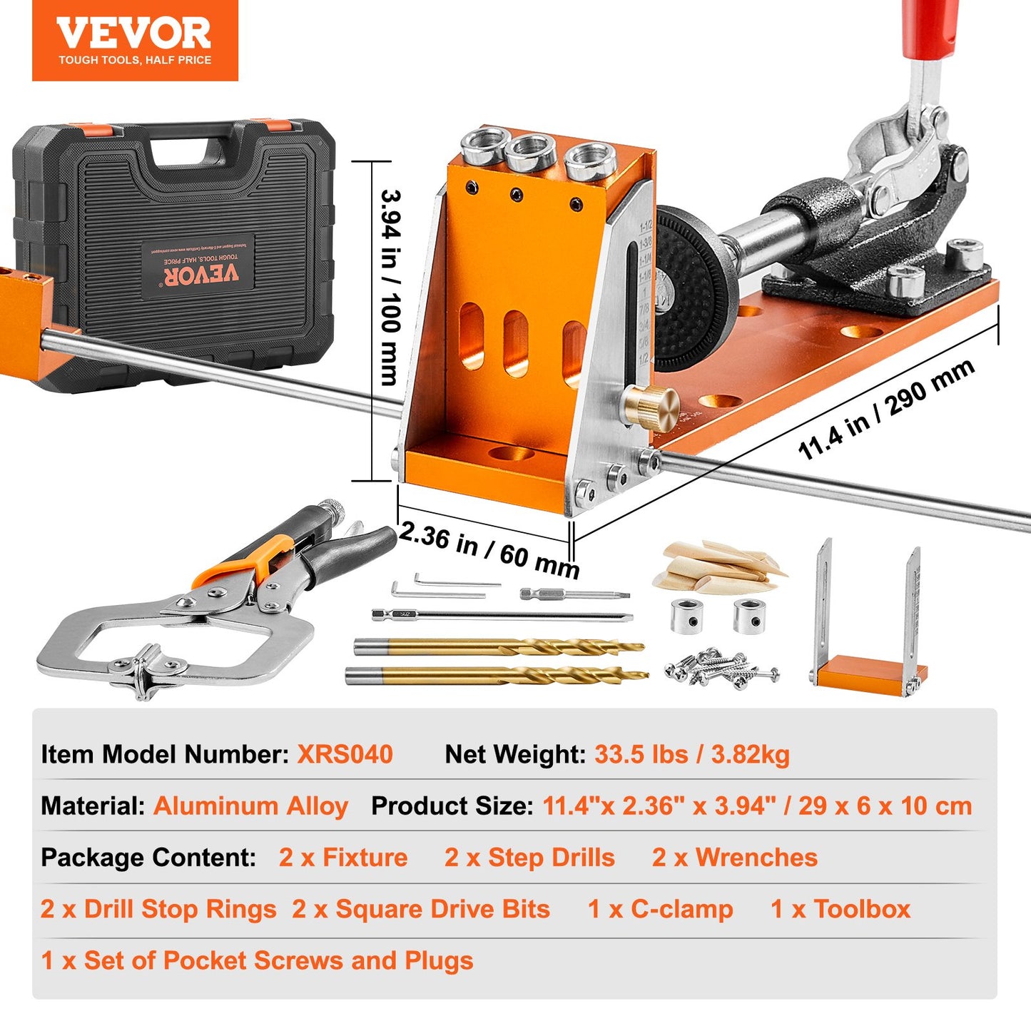 Pocket Hole Jig Kit, 34 Pcs Pocket Hole Jig System with 27.9 cm C-clamp, Fixture, Step Drills, Wrenches, Drill Stop Rings, Square Drive Bits, Toolbox, for DIY Carpentry Projects, Adjustable
