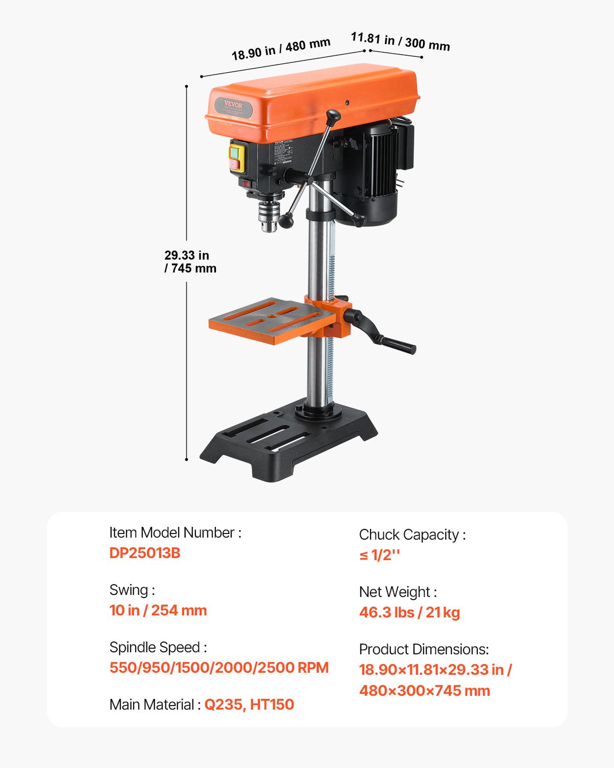 254 mm Benchtop Drill Press, 550W Induction Motor, Tabletop Drilling Machine with 550 / 950 / 1500 / 2000 / 2500 RPM Adjustable Speed, 0-45° Tilting Worktable, X-Ray Positioning, for Wood Metal