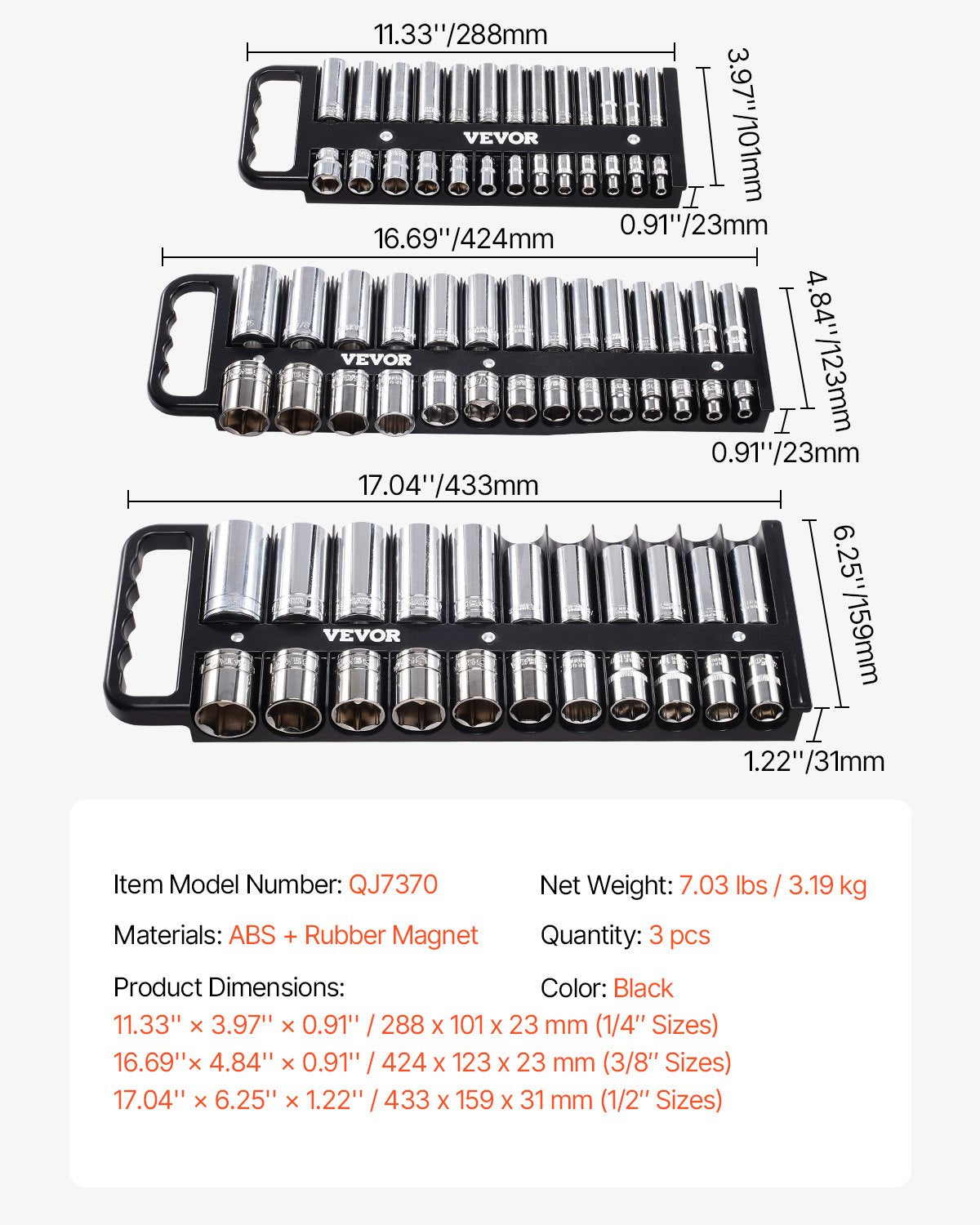 Bärbar hylshållare, 3-delad hylshållaruppsättning (metrisk och SAE), 1/4'', 3/8'' och 1/2'' kraftig hylshållare med handtag och magnetisk bas för verktygslådan, rymmer upp till 76 hylsor
