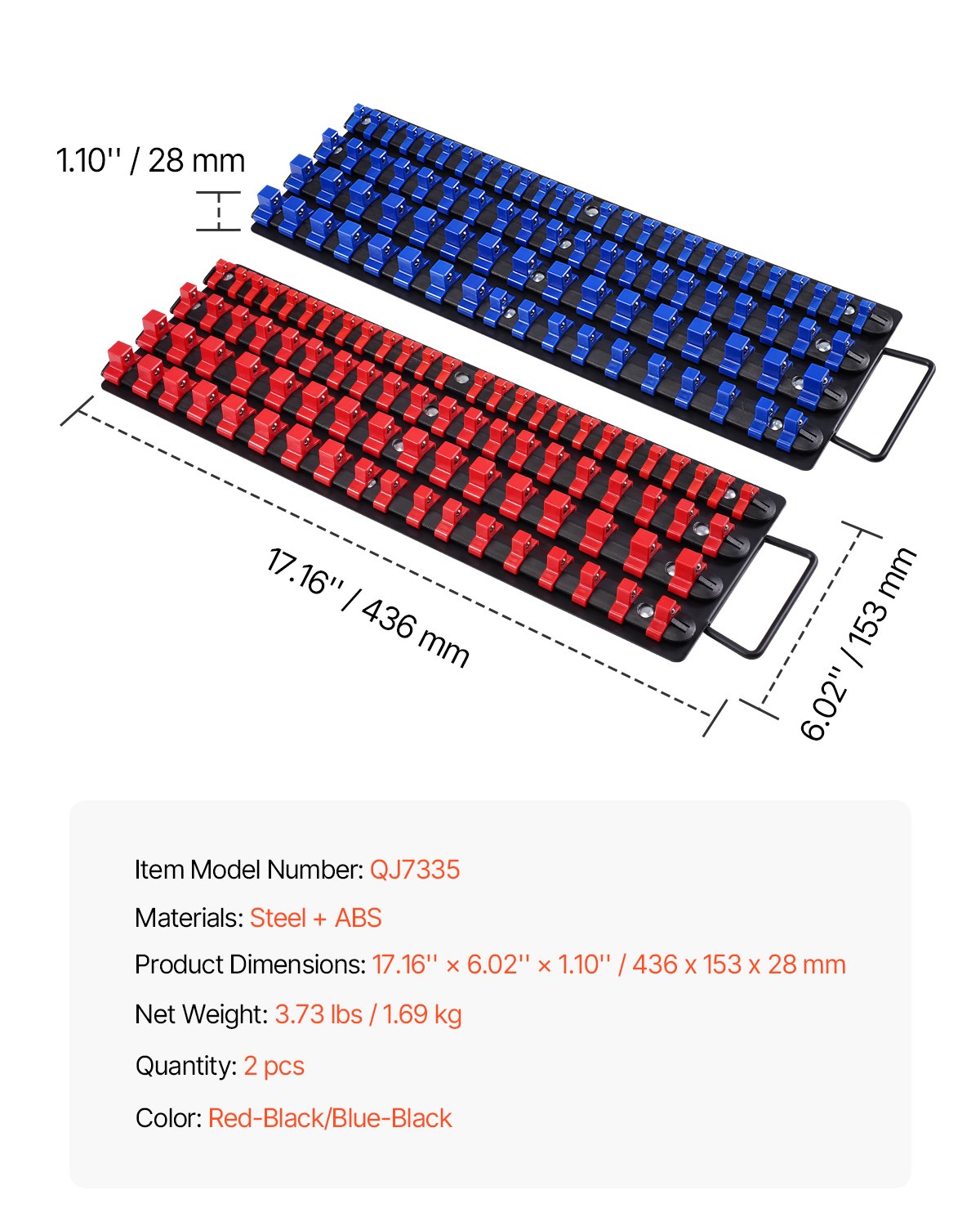 Bärbar hylshylsorganiseringslåda, 2 delar metriska och SAE-hylshylsorganiseringsset för upp till 160 hylsor, 1/4", 3/8" och 1/2" kraftig hylshylsskena med handtag och stålbas för verktygslådan