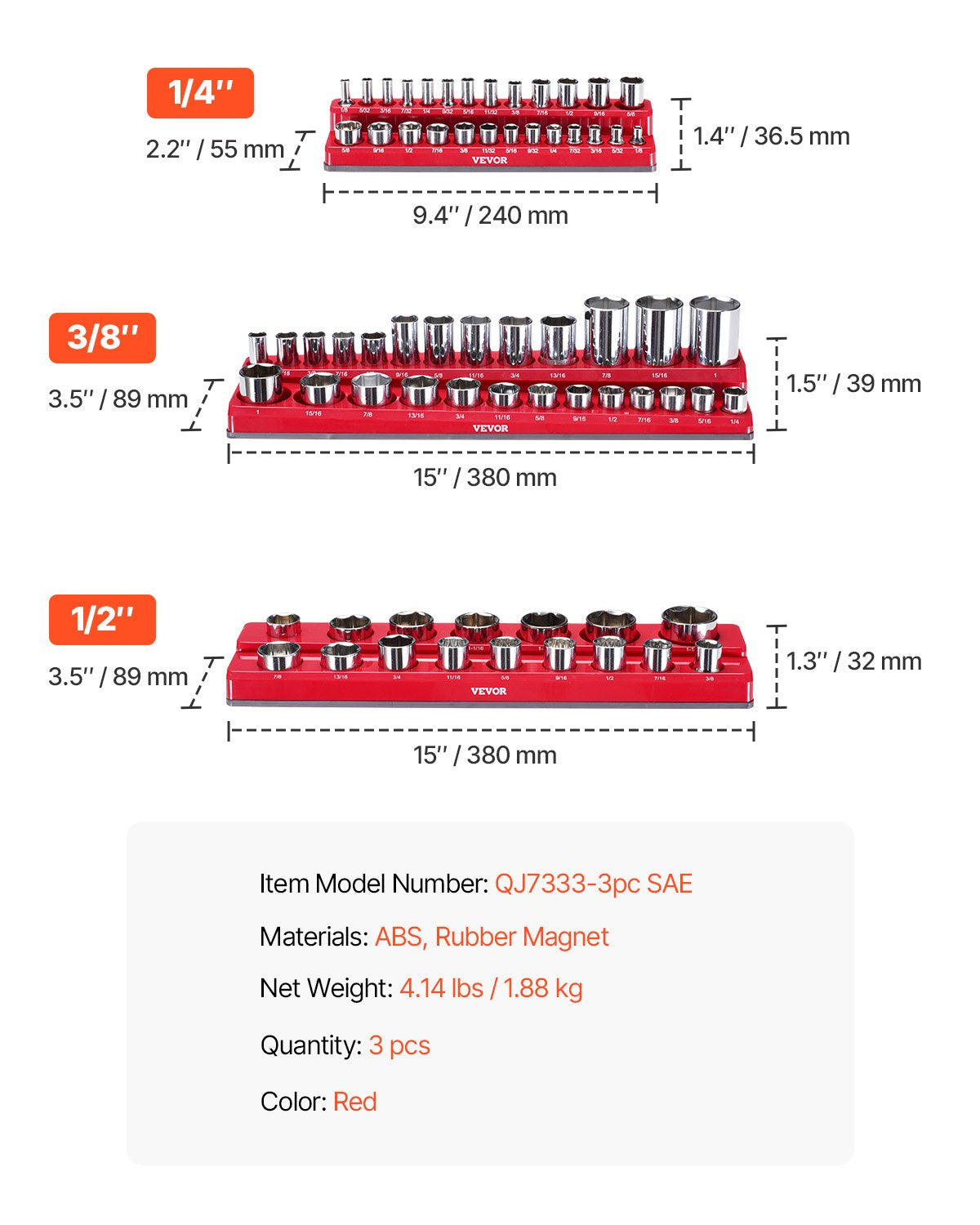 Magnetic Socket Organizer Set, 3PCS Magnetic Socket Holder, 1/4'', 3/8'' & 1/2'' SAE Socket Trays with Clear Labels, Hold up to 68PCS Standard & Deep Sockets, Red (Sockets Not Included)