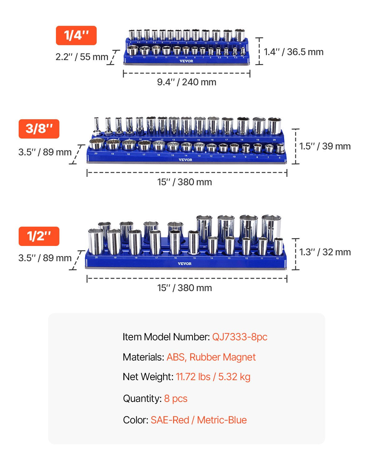 Magnetisk hylshållare, 8 delar hylshållare, 1/4'', 3/8'' och 1/2'' metriska SAE-hylshållarbrickor med tydliga etiketter, rymmer upp till 199 delar standard- och djupa hylsor, blå och röda (hylsor ingår ej)