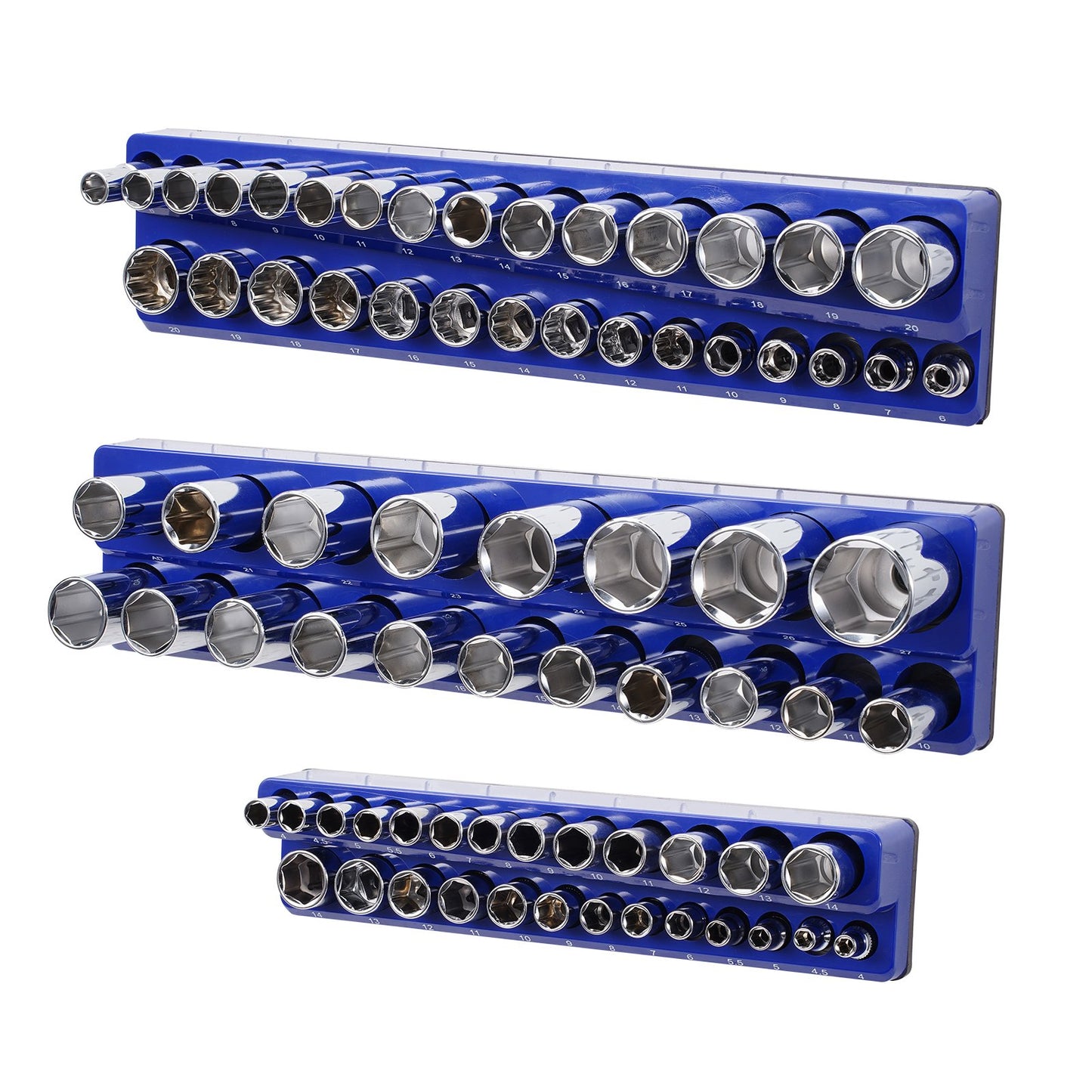 Magnetic Socket Organizer Set, 3PCS Magnetic Socket Holder, 1/4'', 3/8'' & 1/2'' Metric Socket Trays with Clear Labels, Hold up to 75PCS Standard & Deep Sockets, Blue (Sockets Not Included)