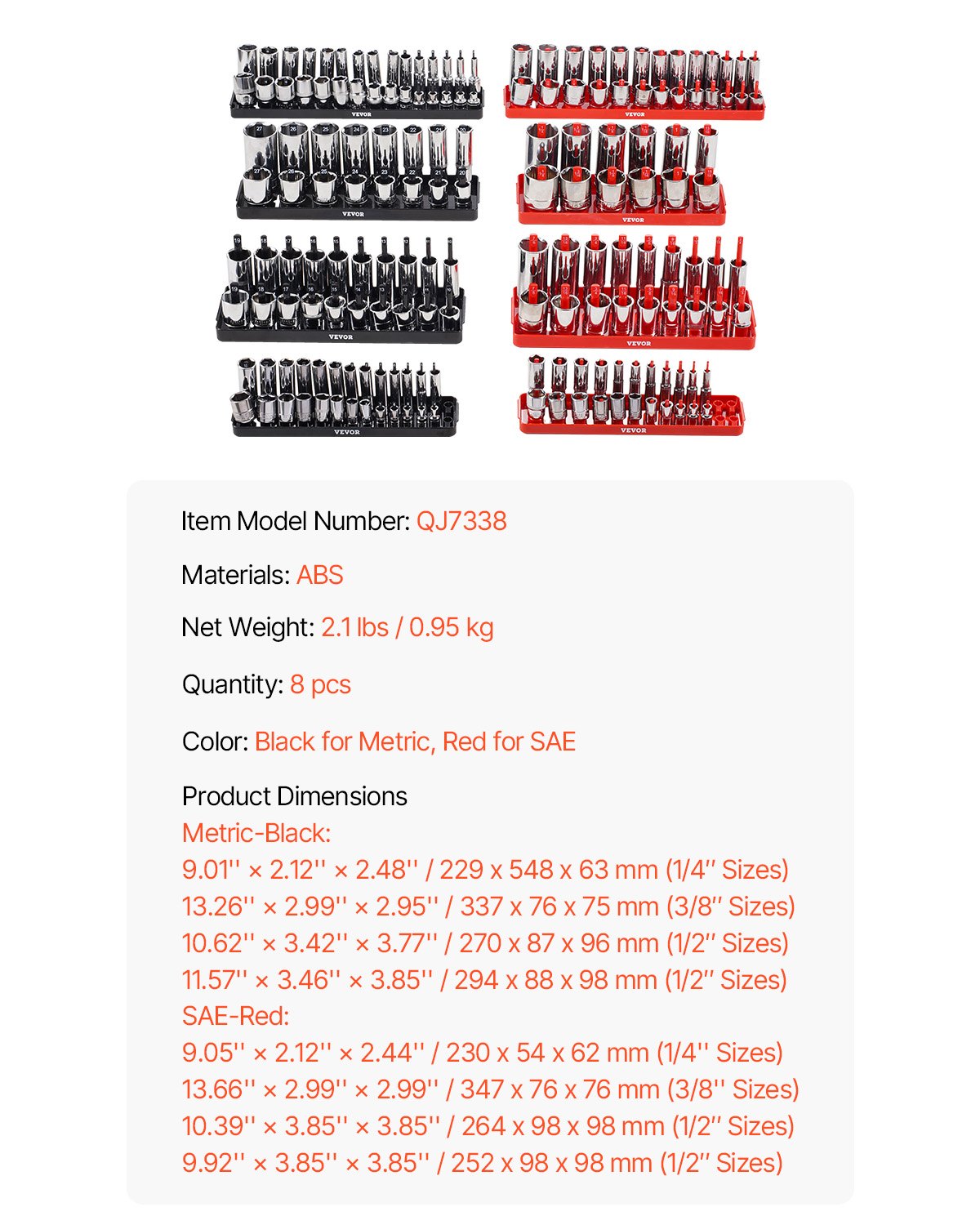 Socket Organizer Set, 8PCS High-Rod Socket Holder, 1/4'', 3/8'' & 1/2'' Metric SAE Socket Trays with Clear Labels, Hold up to 176PCS Standard & Deep Sockets, Black & Red (Socket Not Included)