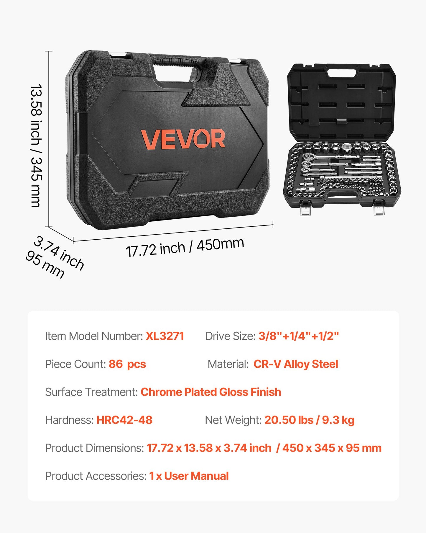 Hylsnyckelsats, 86 delar, 9,5 & 6,4 & 12,7 mm hylsnyckel- och spärrnyckelsats, SAE och metrisk, mekanisk verktygssats med spärrnyckel, tillbehör och förvaringsväska, CR-V legerat stål, för bilreparationer