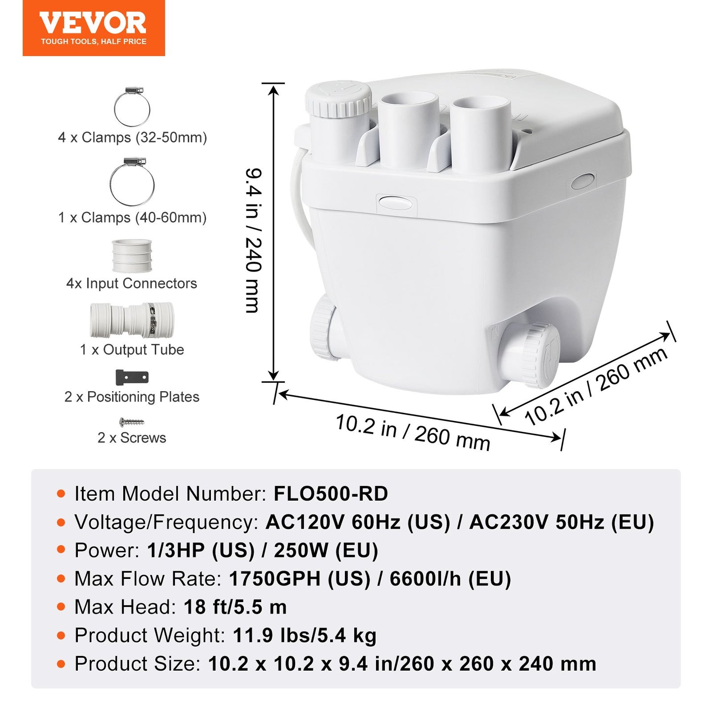 Avloppspump för tvättställ, 200W 1500GPH, 548,6 cm tryckhöjd, 3,8 cm utlopp, lågt dräneringsutlopp, korrosionsbeständig, lågt ljud, för villkällare, tvättmaskiner, mångsidiga handfat och barer