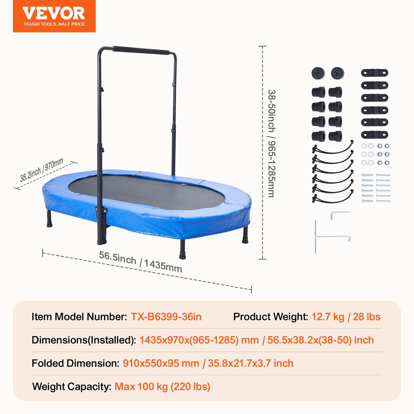 Kids Trampoline, 56x36 inch Indoor Outdoor Trampoline, Foldable Mini Trampoline with Handle, Rebounder Trampoline for Toddlers, Birthday Gift for 3+ Years Children, Boys Girls for Fun, Bule