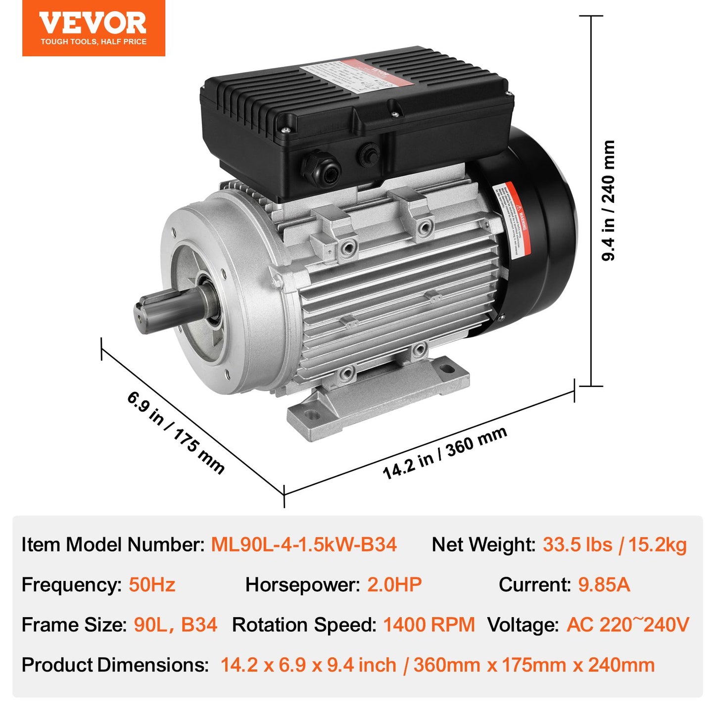 1,5 kW elmotor 1400 rpm, AC 220~240V 9,85A, 90 l, B34-ram, luftkompressormotor enfas, 24 mm kilaxel, medurs/moturs rotation för jordbruksmaskiner och allmän utrustning