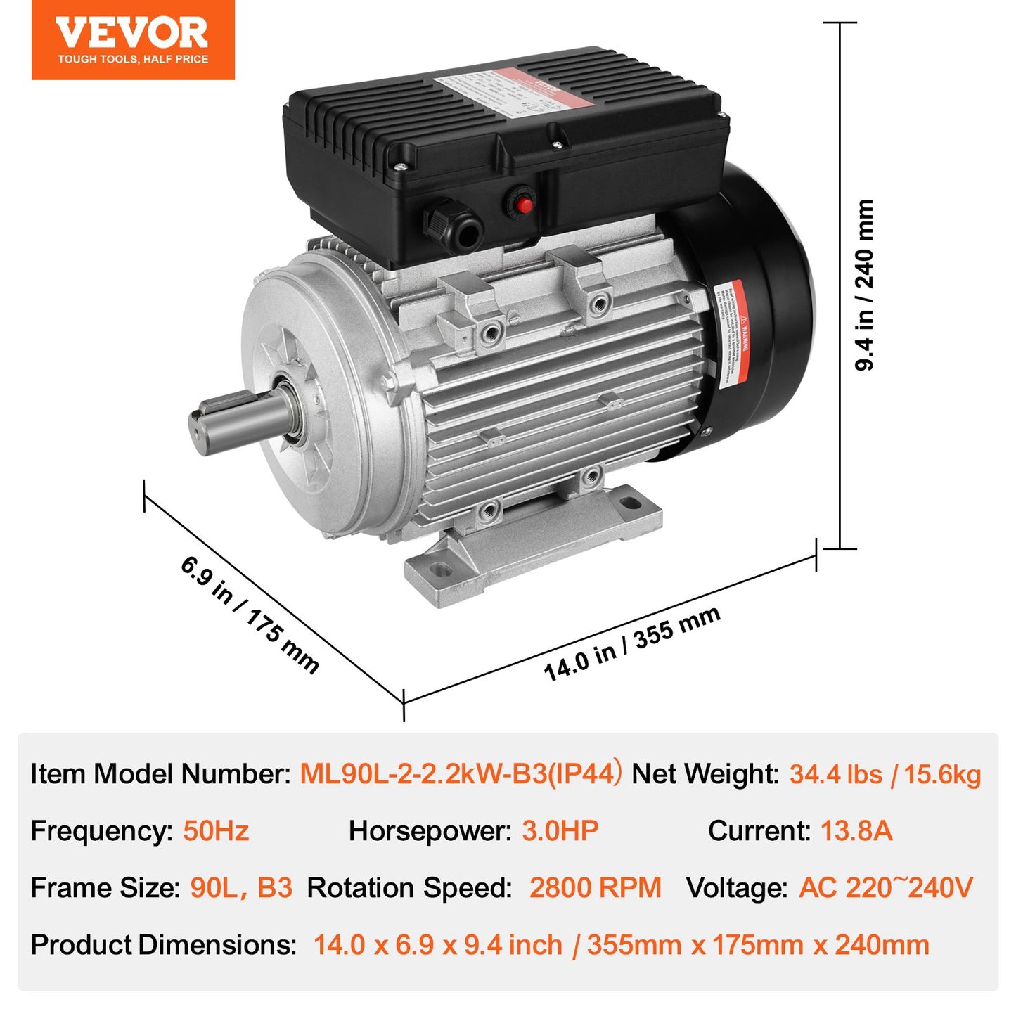 2.2KW Electric Motor 2800 rpm, AC 220~240V 13.8A, 90L, B3 Frame, Air Compressor Motor Single Phase, 24mm Keyed Shaft, CW/CCW Rotation for Agricultural Machinery and General Equipment