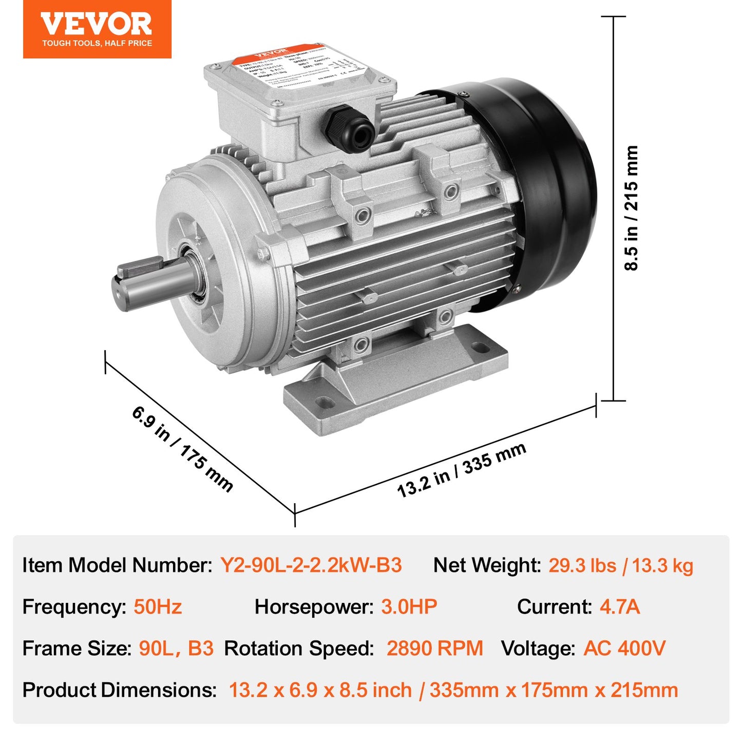 2.2KW Electric Motor 2890 rpm, AC 400V 4.7A, 90L, B3 Frame, Air Compressor Motor 3-Phase, 24mm Keyed Shaft, CW/CCW Rotation for Agricultural Machinery and General Equipment