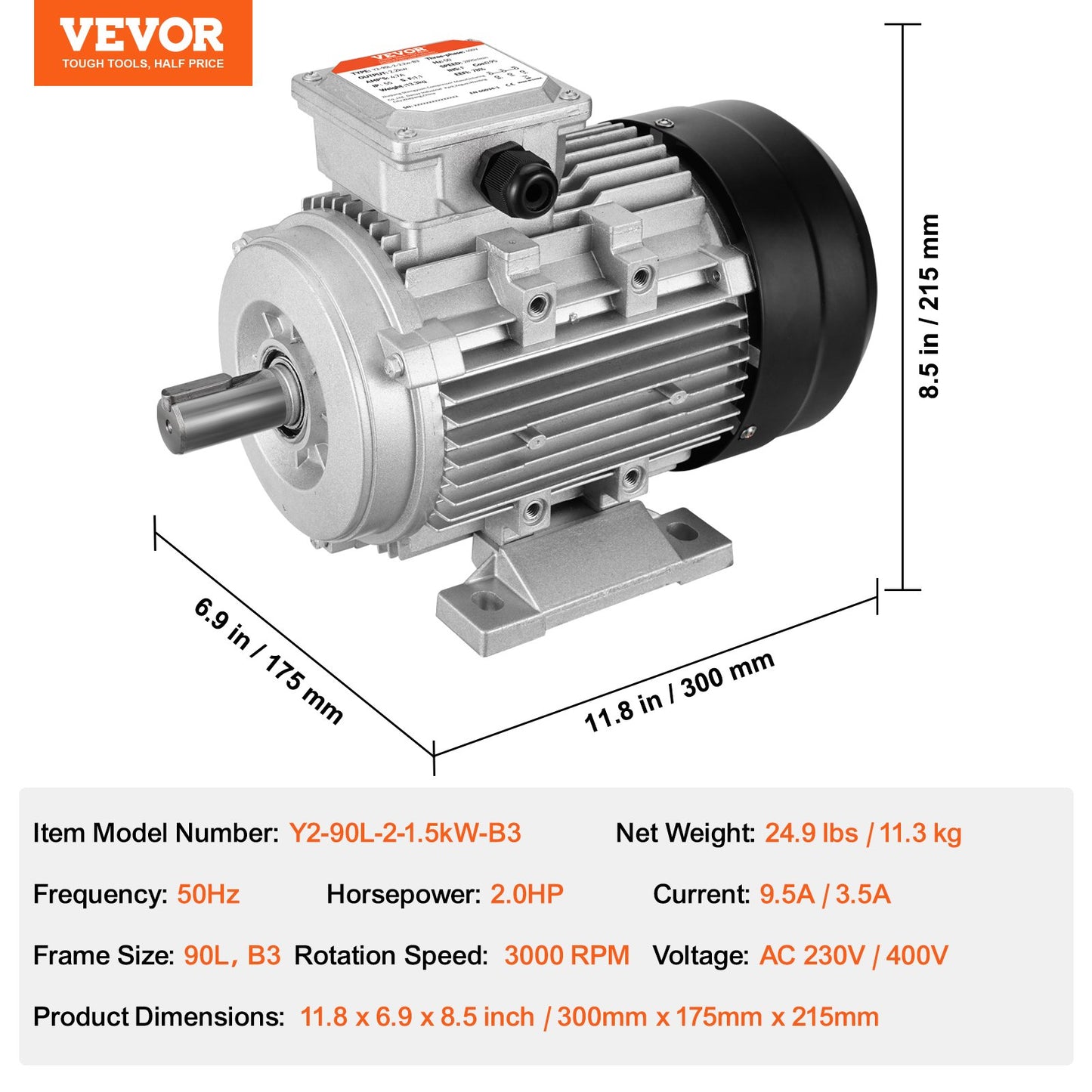 1.5KW Electric Motor 3000 rpm, AC 230V/400V 9.5A/3.5A, 90L, B3 Frame, Air Compressor Motor 3-Phase, 24mm Keyed Shaft, CW/CCW Rotation for Agricultural Machinery and General Equipment