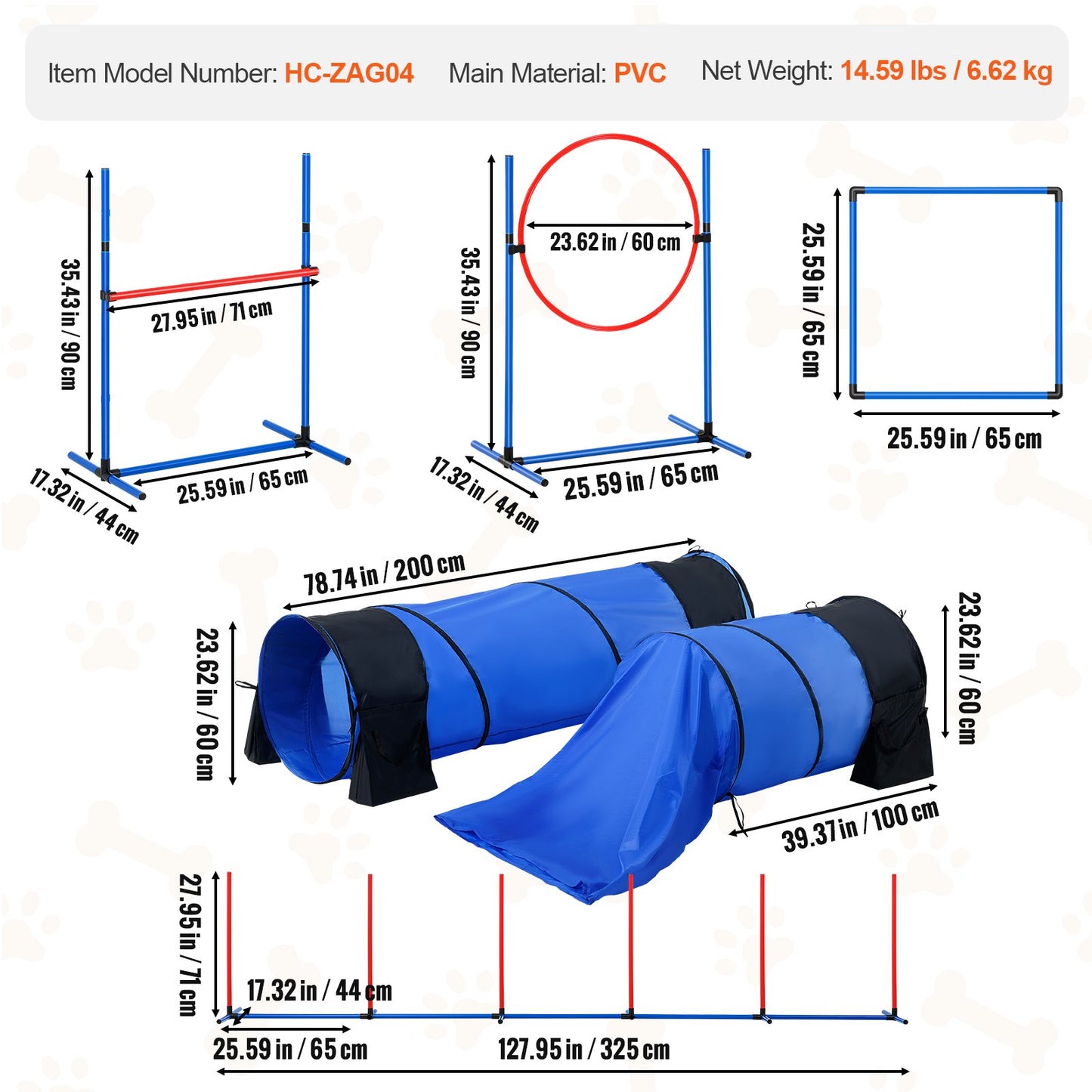 Dog Agility Training Equipment, 7 PCS Set w/ Adjustable High Hurdles,6 Weave Poles,2 Tunnels,Jump Ring,Pause Box, Whistle,Foldable Bowl,Puppy Obstacle Course Kit w/ 3 Bags