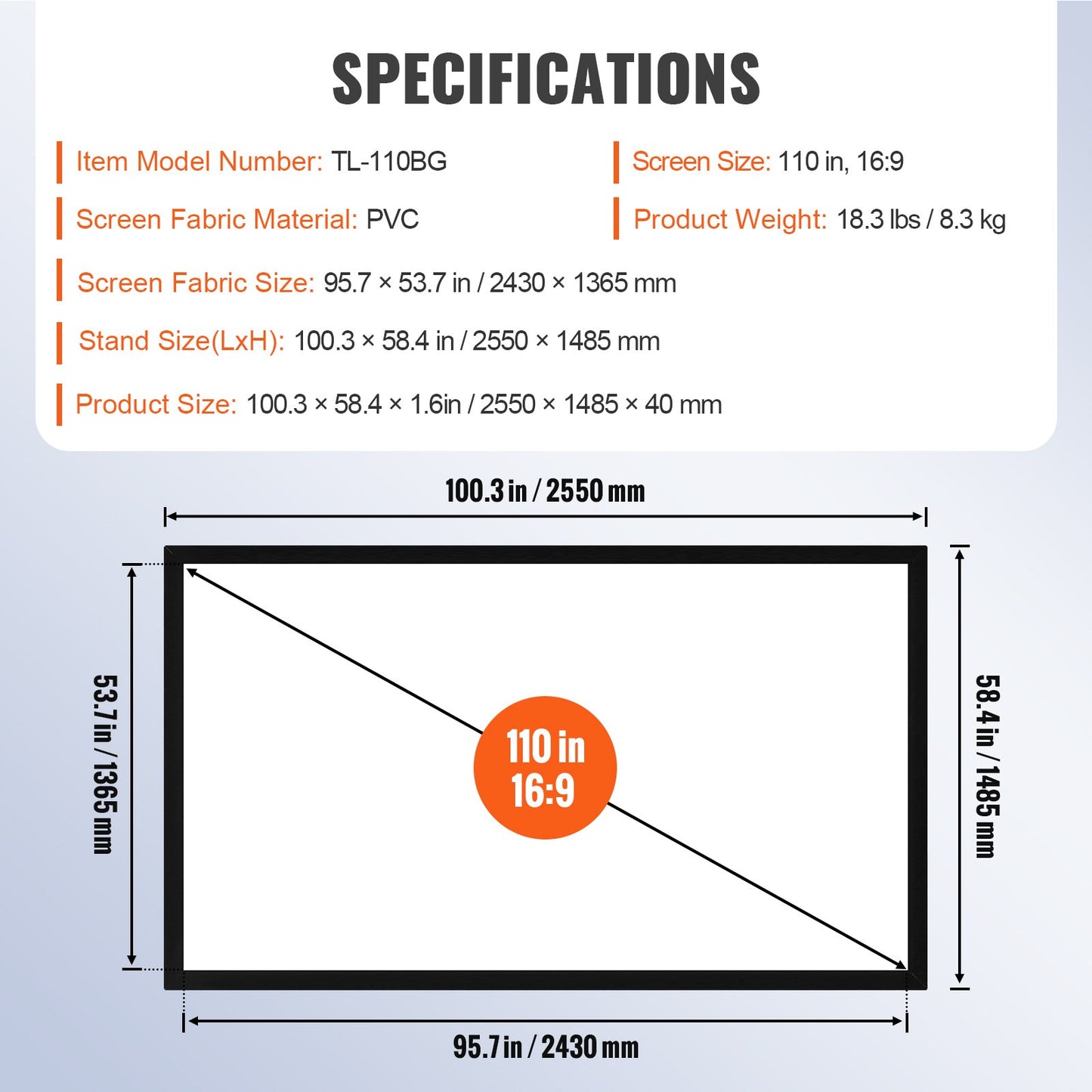 110Inch Diagonal Projector Screen 16:9 4K HD Projector Screen Movie Screen Fixed Frame 3D Projector Screen for Home Threater Outdoor Use(110inch)