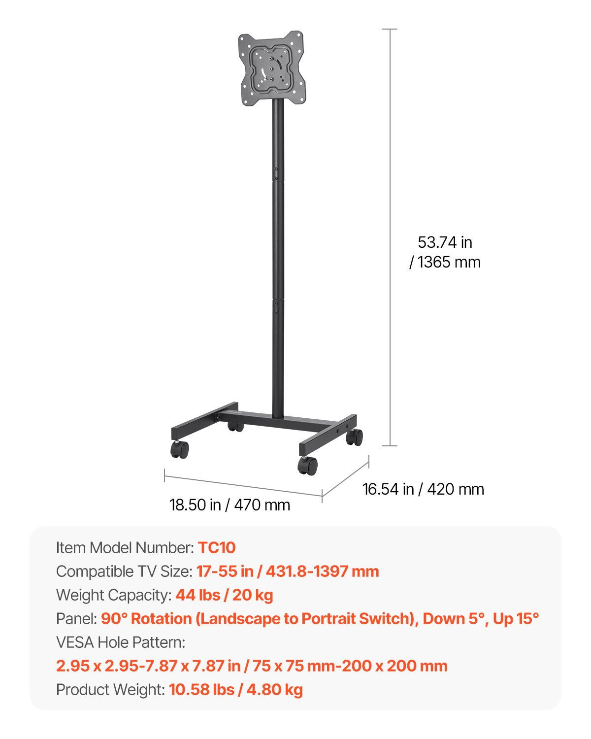 Rolling TV Stand, Mobile TV Cart for 17-55 Inch Screens, Portrait to Landscape, Portable TV Stand with Wheels Holds up to 44 lbs for Living Room, Bedroom, Office, Outdoor, Max VESA 200x200mm