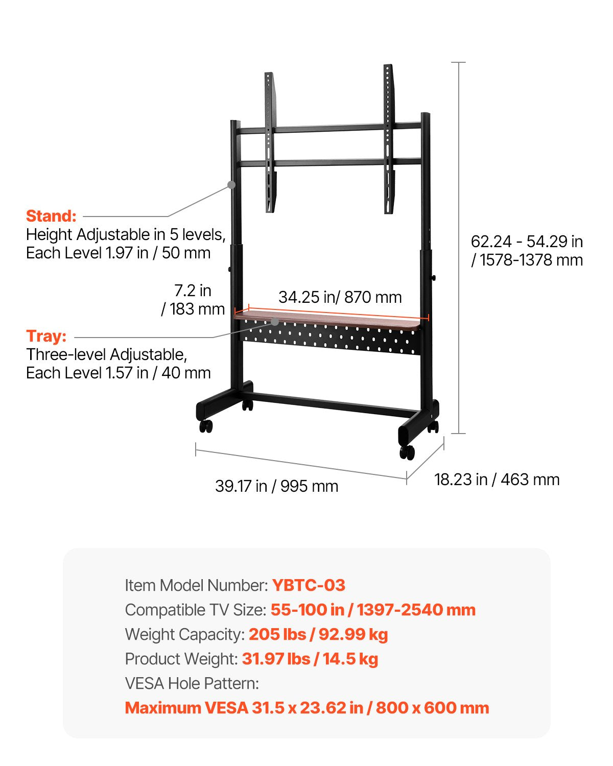Rullande TV-stativ, mobil TV-vagn för 55-100 tums skärmar, höjdjusterbart bärbart skärmstativ med bricka, rymmer upp till 90 kg för vardagsrum, sovrum, kontor, utomhusbruk Max VESA 800 x 600 mm