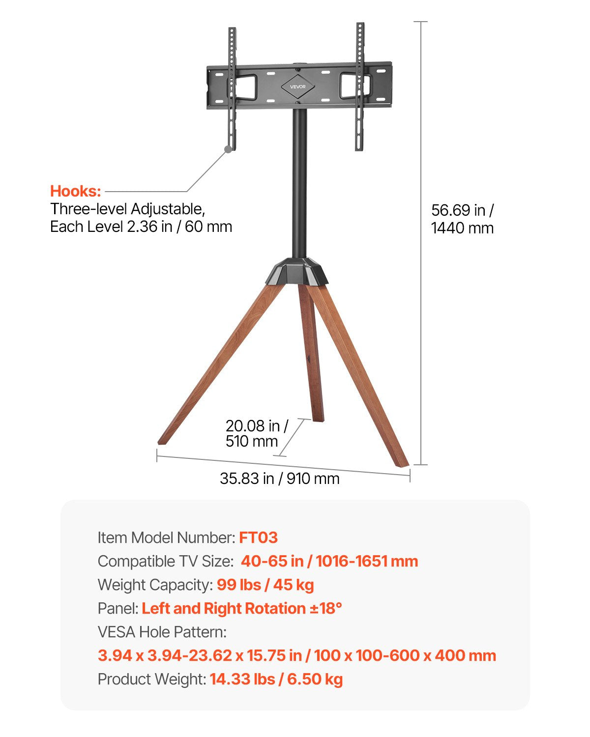 TV-stativ med stativ och staffli, för 40-65 tums platt-TV/böjda TV-apparater upp till 49 kg, 18° vänster-högerrotation, bärbart TV-stativ med ben i ekträ, för sovrum, vardagsrum, studio, MAX VESA 600 x 400 mm