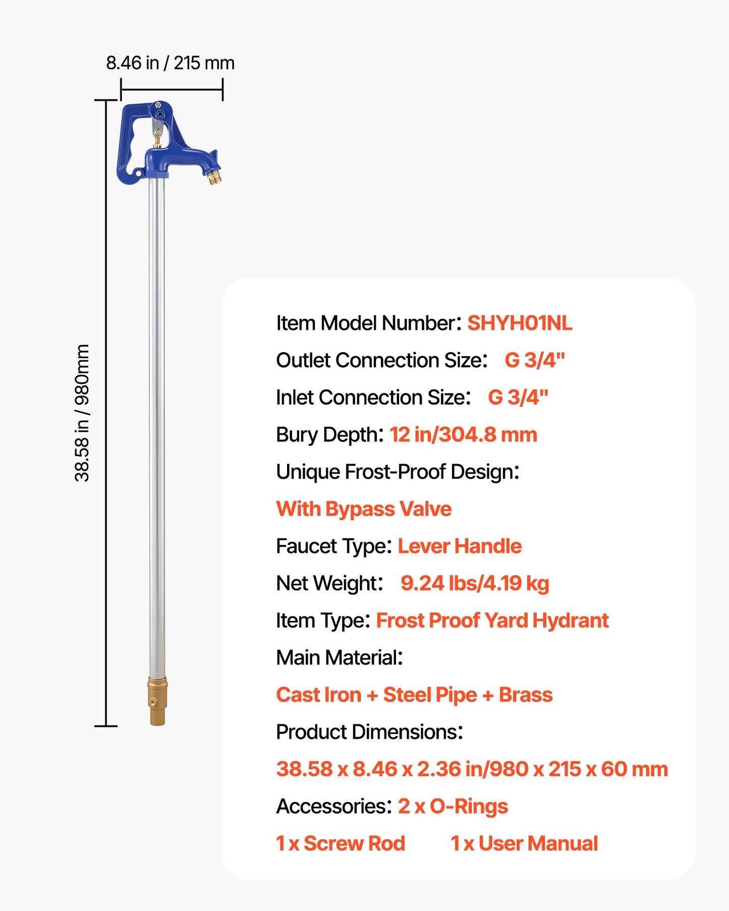 Frost Proof Yard Hydrant, 980mm Freeze-Proof Outdoor Water Faucet with 305mm Bury Depth, G 3/4" Pipe Connection & Hose Coupling, No Lead Freezeless Hydrant for Yard Garden Farm Irrigation