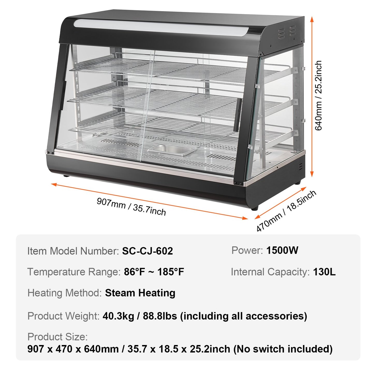 3-Tier Commercial Food Warmer Display, 1500W Food Display Warmer with Light, Adjustable Shelf and Temperature Display, 30℃~85℃ Steam Heating, 130L for Hamburger, Pizza, Bread, Fried Chicken