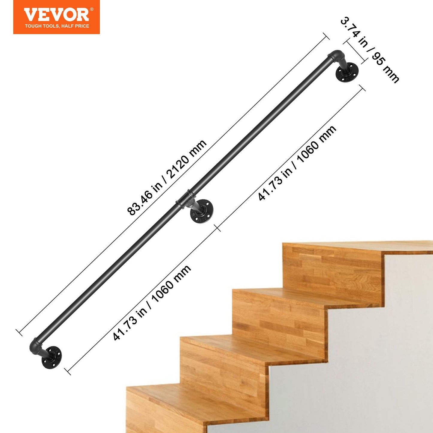 Pipe Stair Handrail, 213.4 cm Staircase Handrail, 199.6 kg Load Capacity Carbon Steel Pipe Handrail, Industrial Pipe Handrail with Wall Mount Support, Round Corner Wall Handrailings for Indoor, Outdoor