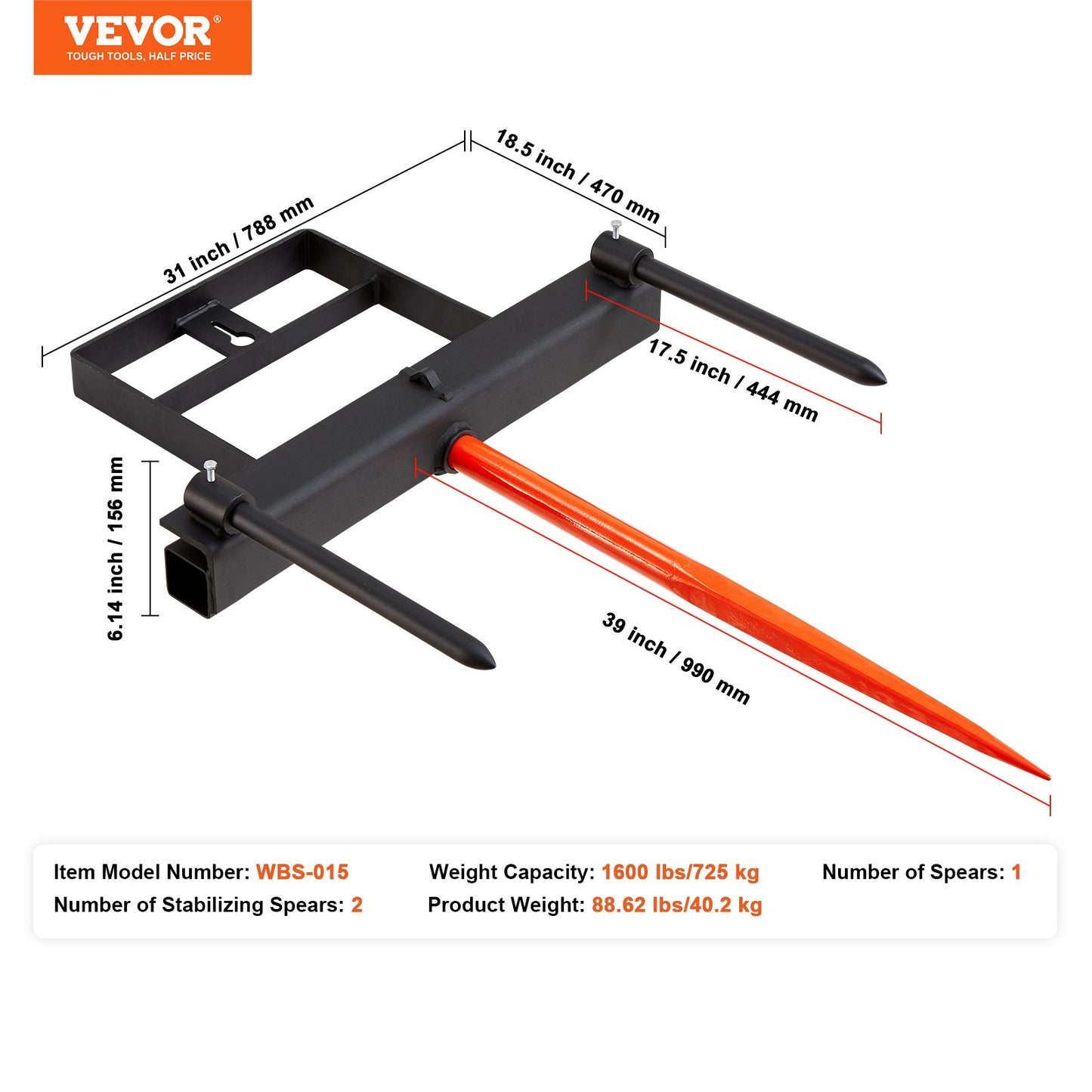 39" Hay Spear, Bale Spears 1600lbs Loading Capacity, Skid Steer Loader Tractor Bucket Attachment with 2pcs 17.5" Stabilizer Spears and 60" Chain, Quick Attach Spike Forks