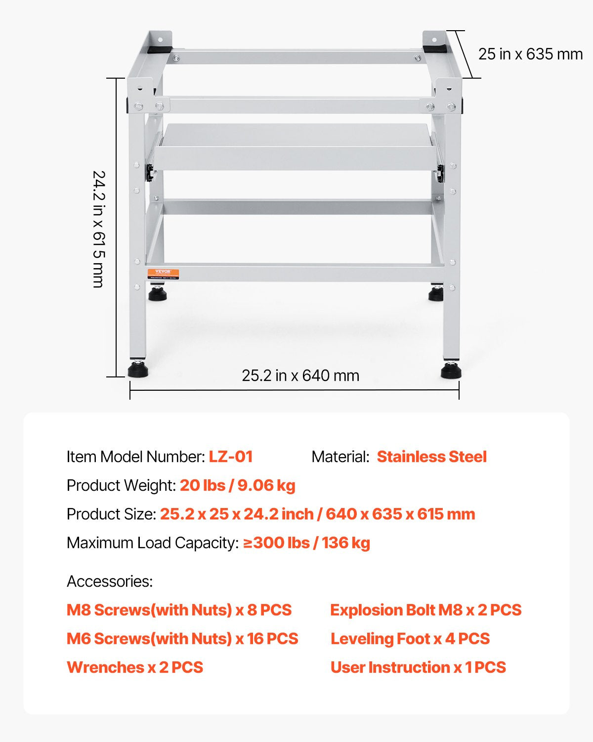 Washing Machine Stand, 25.2x25-Inch Washer Laundry Pedestal, 300LBS Load Capacity Washer And Dryer Pedestal Base with Tray, 4 Adjustable Feet for Lifting Washing Machines, Carbon Steel