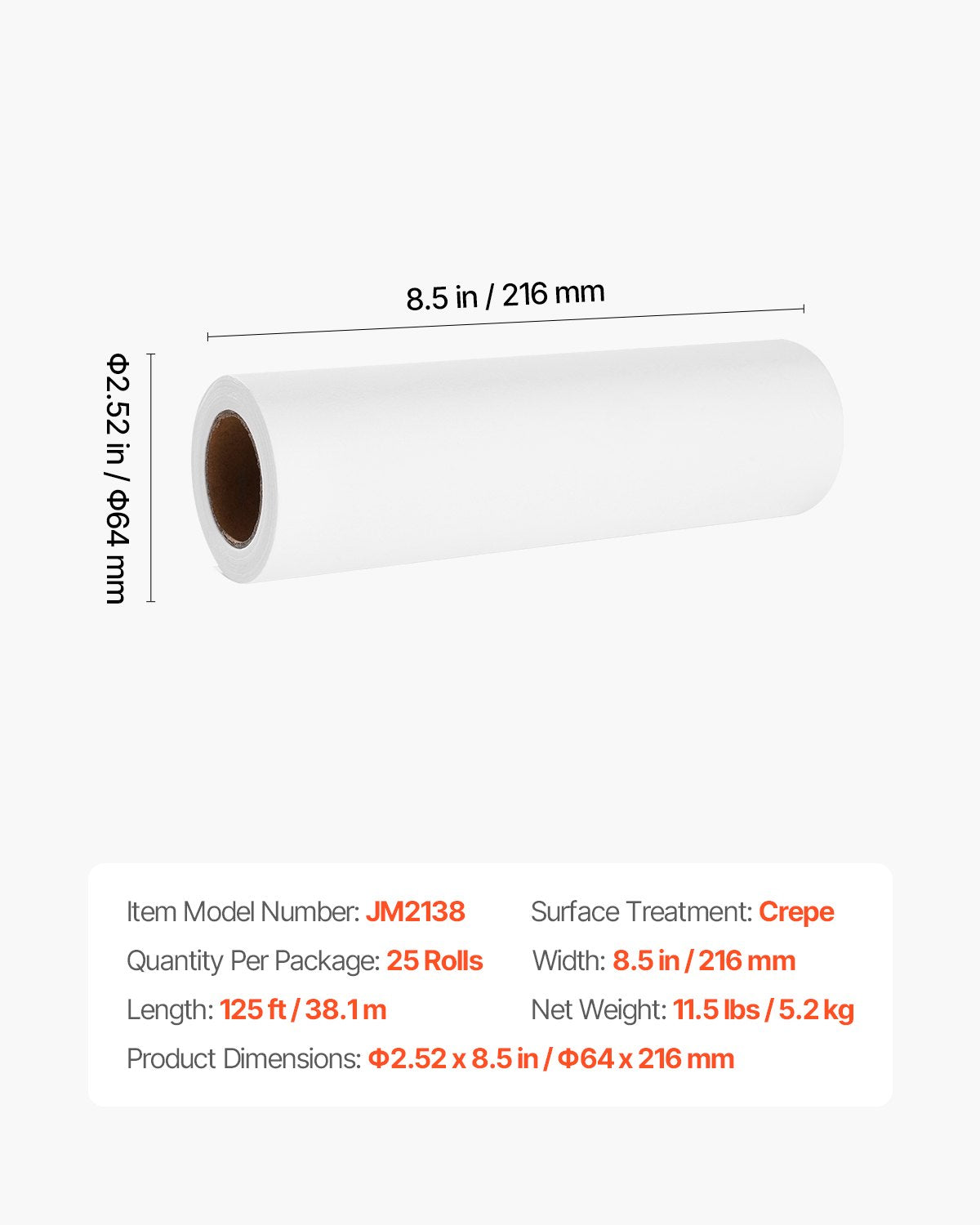 Headrest Paper Rolls, 25-Pack 8.5" x 125 ft Medical Exam Paper with Crepe Surface, Disposable Headrest Paper for Barrier Protection, Ideal for Massage, Exam and Chiropractic Tables, White