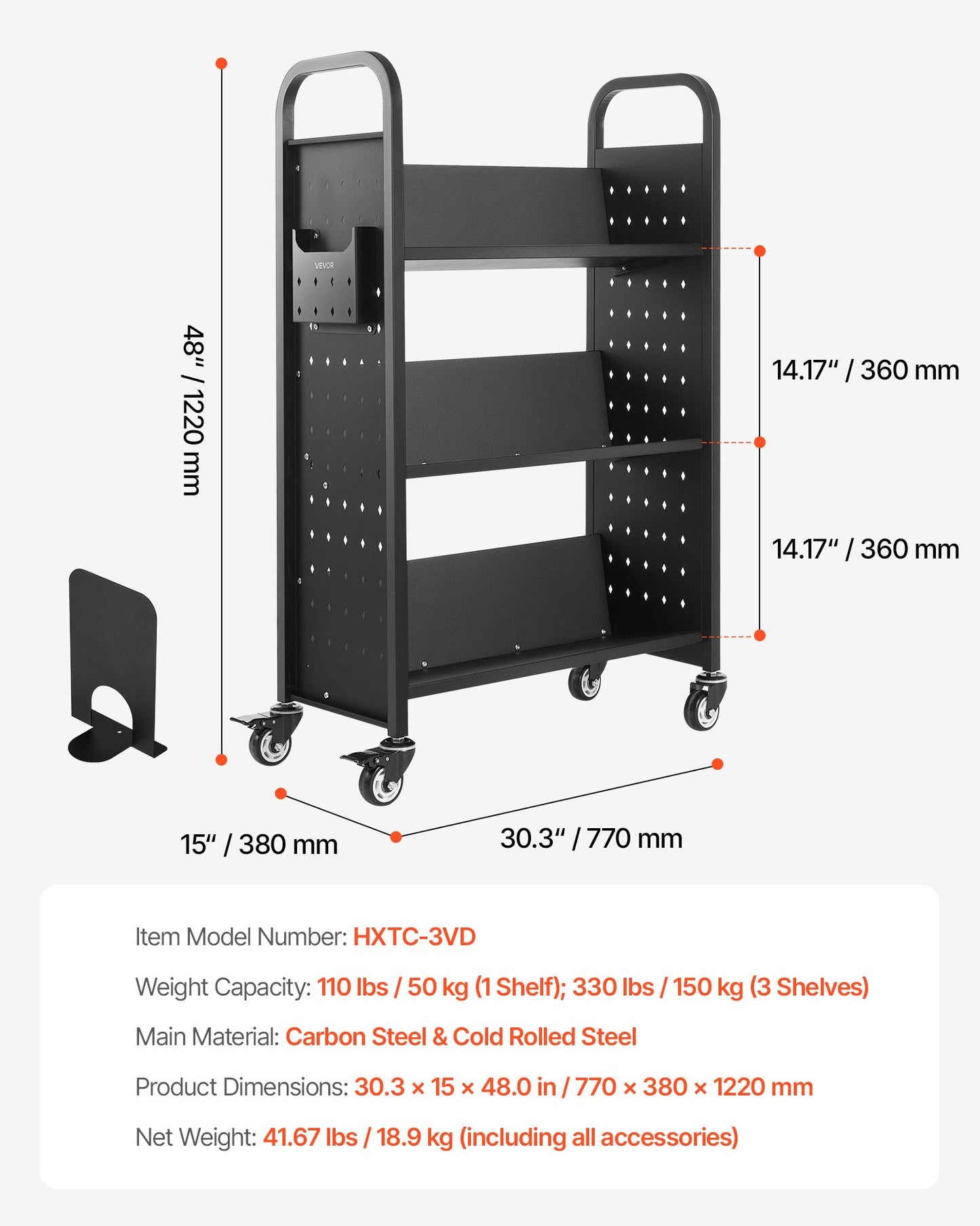 Rullande biblioteksbokvagn, 150 kg kapacitet, 77 x 38 x 122 cm biblioteksvagn, enkelsidiga V-formade hyllor med 76,2 mm låsbara hjul, bokvagn för hemhyllor, kontor och skola, svart