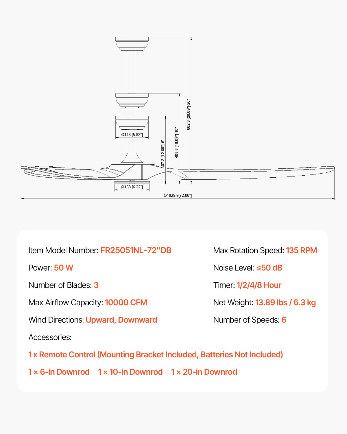 72 Inch Ceiling Fan without Light, 6-Speed Remote Control, 3-Wood-Blade, Reversible DC Motor, Modern Low Profile Flush Mount Exterior Fan for Bedroom, Living Room, Patio, Indoor/Outdoor, Walnut