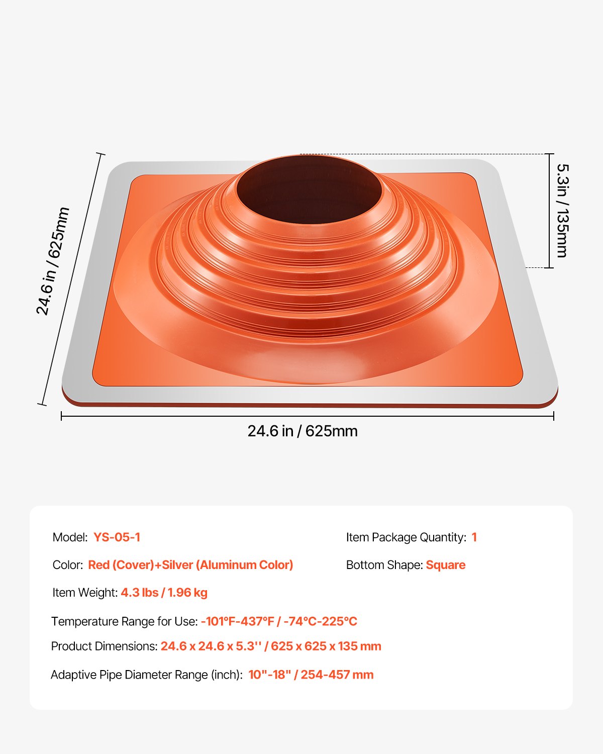 Roof Pipe Flashing Boot, Fit Pipe OD 10" to 18", Flexible Silicone Roofing Jack Pipe Flashing, High Temp -101℉ to 437℉, Endurable Square Metal Base, for Chimney, Wood Stove & Outdoor Vent Pipes