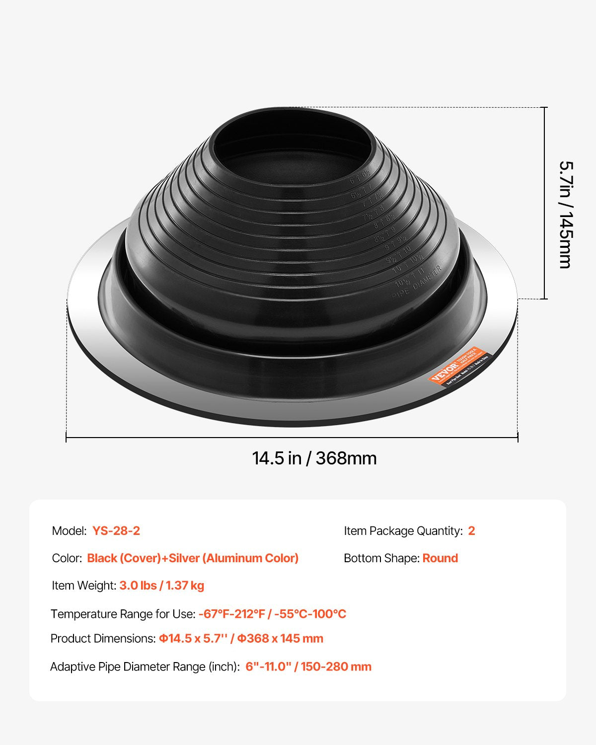 2 st. takrörsstötskydd, passar rör med ytterdiameter 6" till 11", flexibel EDPM takjacka för rörbeslag, hög temperatur -20°C till 100°C, hållbar rund metallbas, för skorsten, vedspis och utomhusventilationsrör