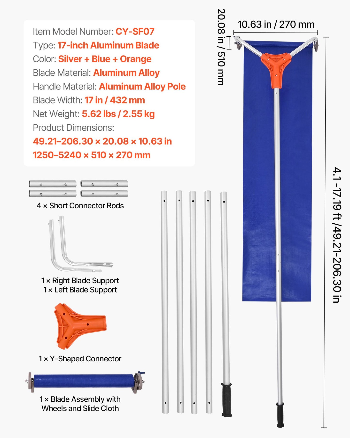 Snow Roof Rake, 27cm Aluminum Blade, 1.25-5.24 m Adjustable Roof Snow Scraper with Wheels & Slide, Lightweight Snows Removal Tool for House Rooftop Leaves Debris Clearing