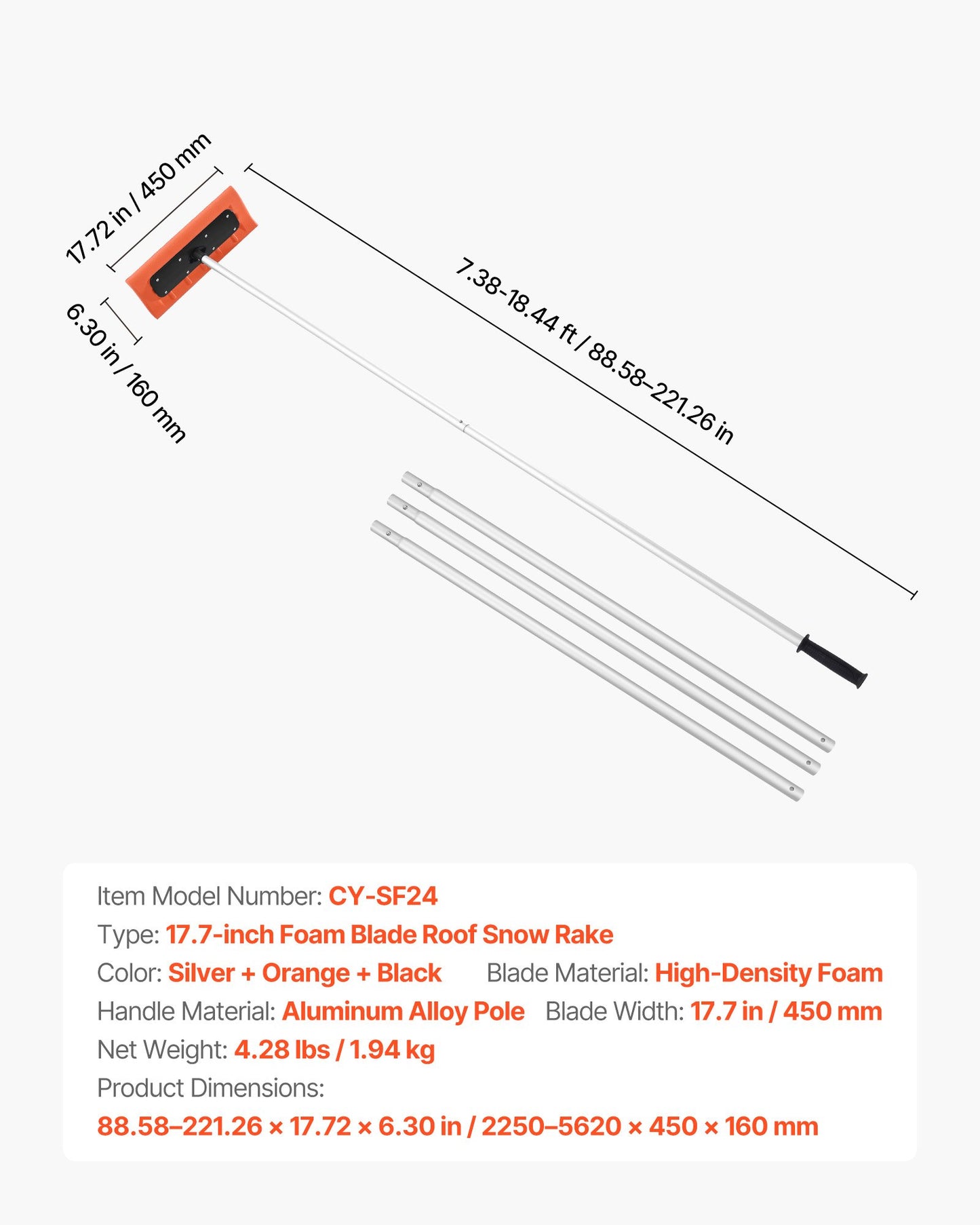 Snow Roof Rake, 45cm Foam Blade, 2.25-5.62 m Adjustable Roof Snow Scraper, Extension Tubes & Non-Slip Handle, Lightweight Snows Removal Tool for House Leaves Debris Clearing