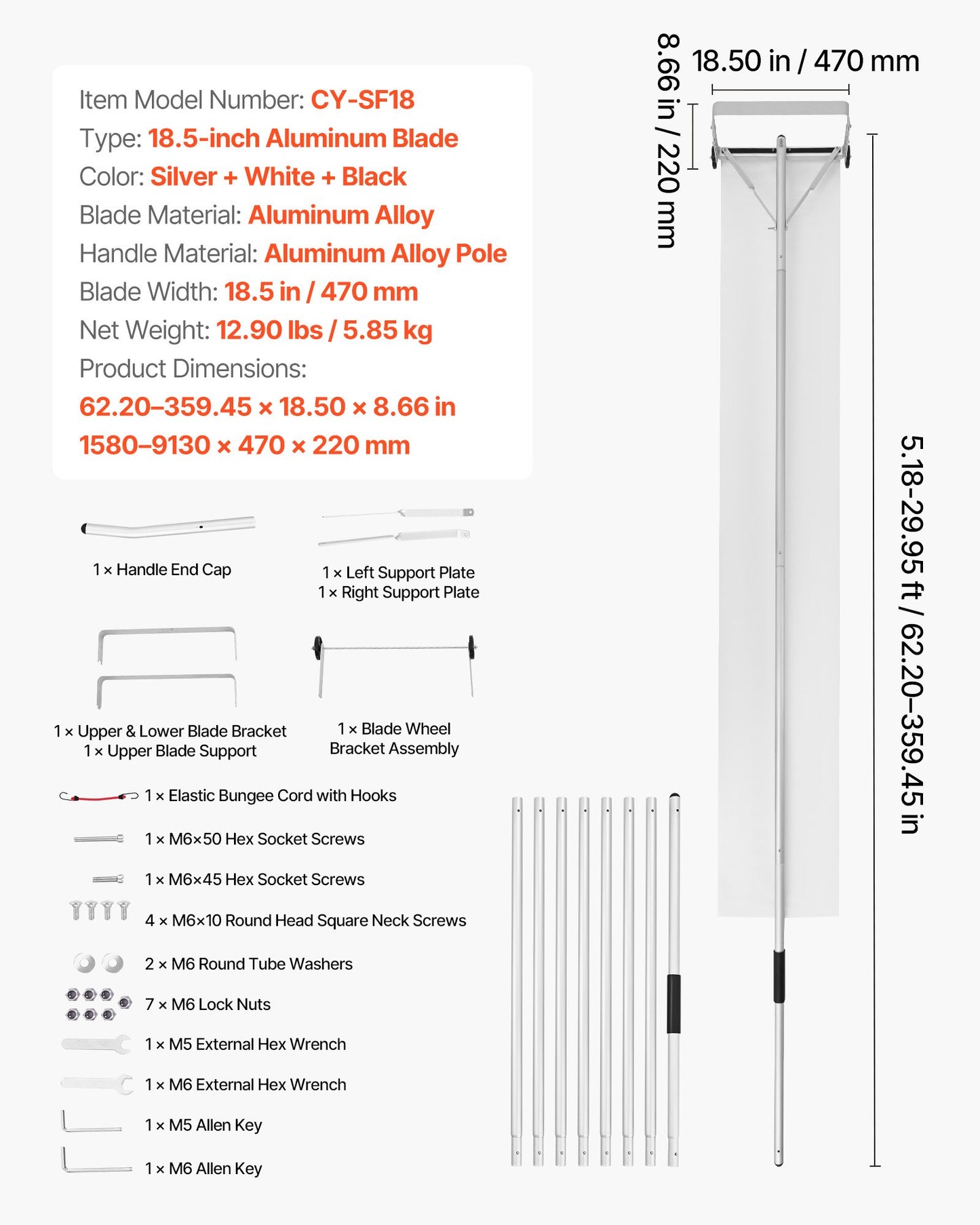 Snow Roof Rake, 22 cm Aluminum Blade, 1.58-9.13 m Adjustable Roof Snow Scraper with Wheels & Slide, , Lightweight Snows Removal Tool for House Rooftop Leaves Debris Clearing