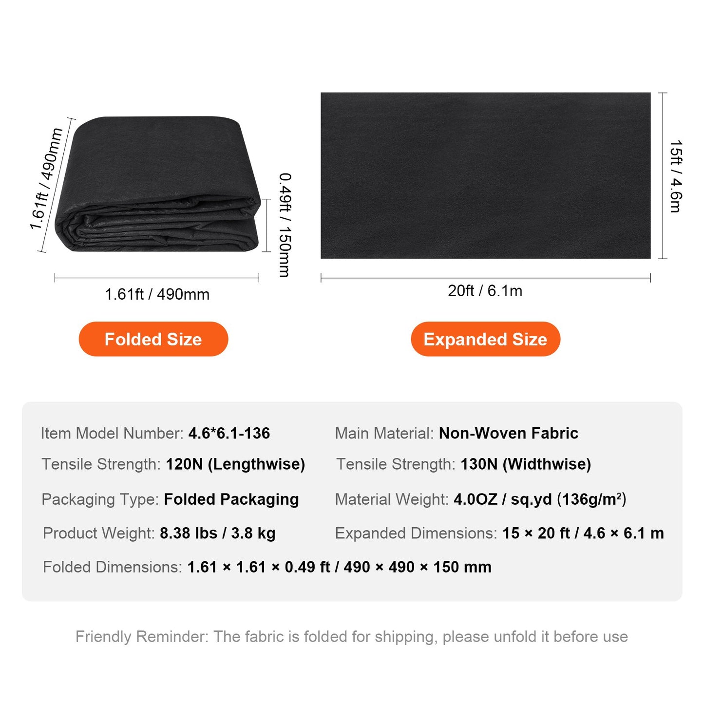 Driveway Fabric, 15x20FT Non Woven Geotextile Fabric for Landscaping, Heavy Duty Garden Weed Barrier Fabric, 4OZ Landscape Fabric, French Drains Drainage Fabric, Ground Cover Weed Control Fabric