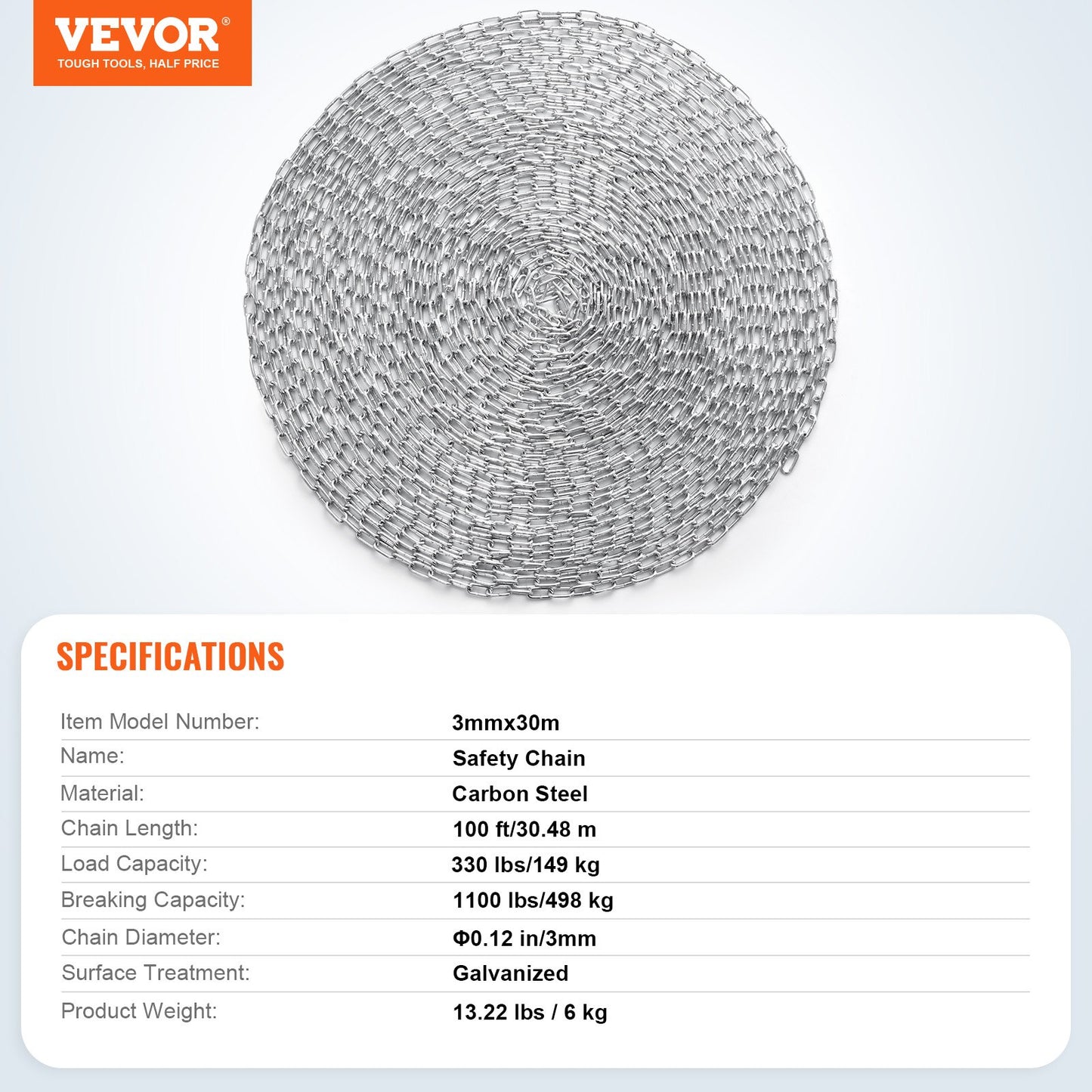 Proof Coil Chain, 1/8" x 100', 330 lbs Safe Working Load, Zinc Plated Proof Tested Coil Chain with Two Quick Links, Galvanized Carbon Steel Link Chain for Towing, Hanging, Camping, Pet Towing