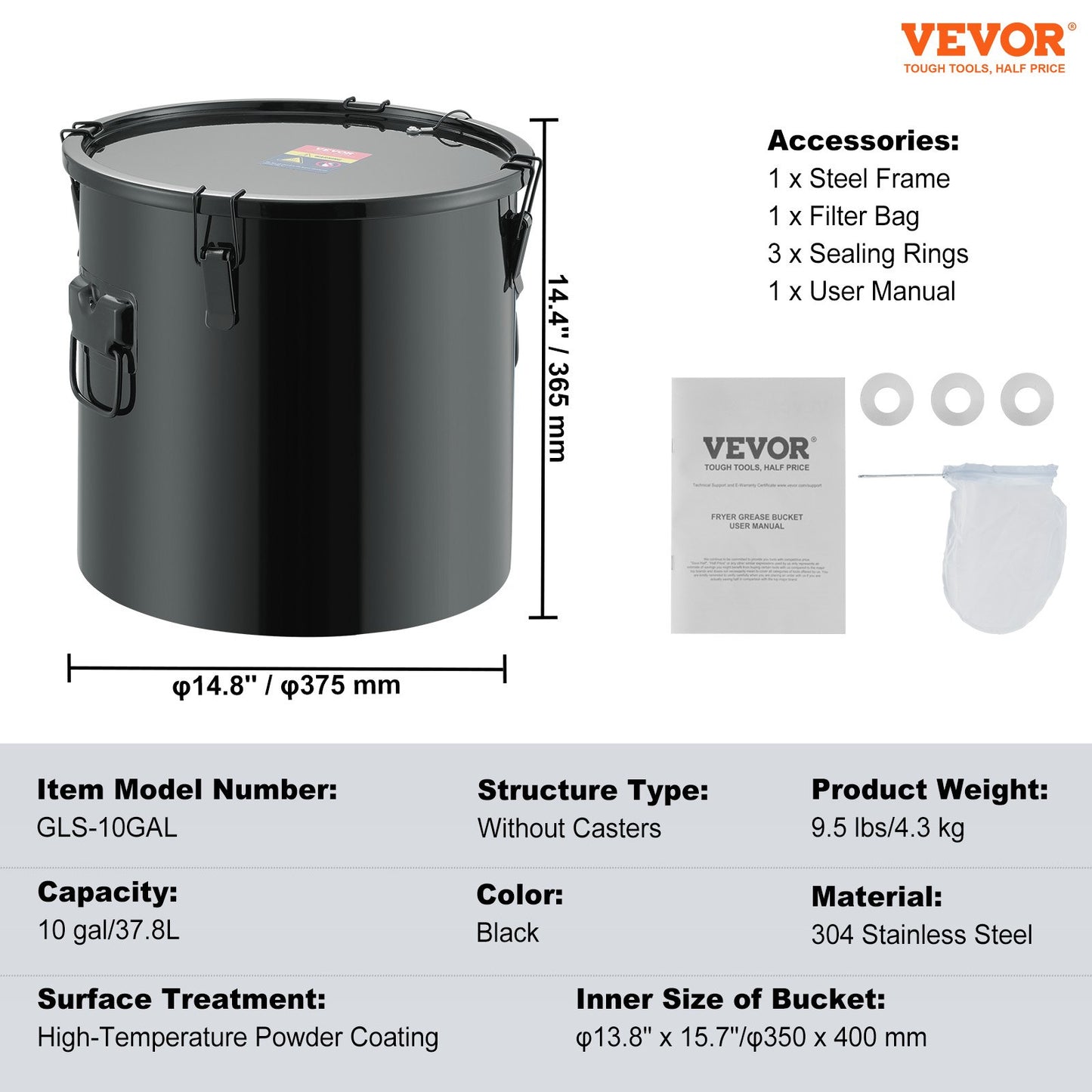 Fryer Grease Bucket, 10 Gal Oil Disposal Caddy Stainless Steel Fryer Oil Bucket Rust-Proof Coating, Oil Transport Container with Lid, Lock Clips, Filter Bag for Hot Cooking Oil Filtering, Black