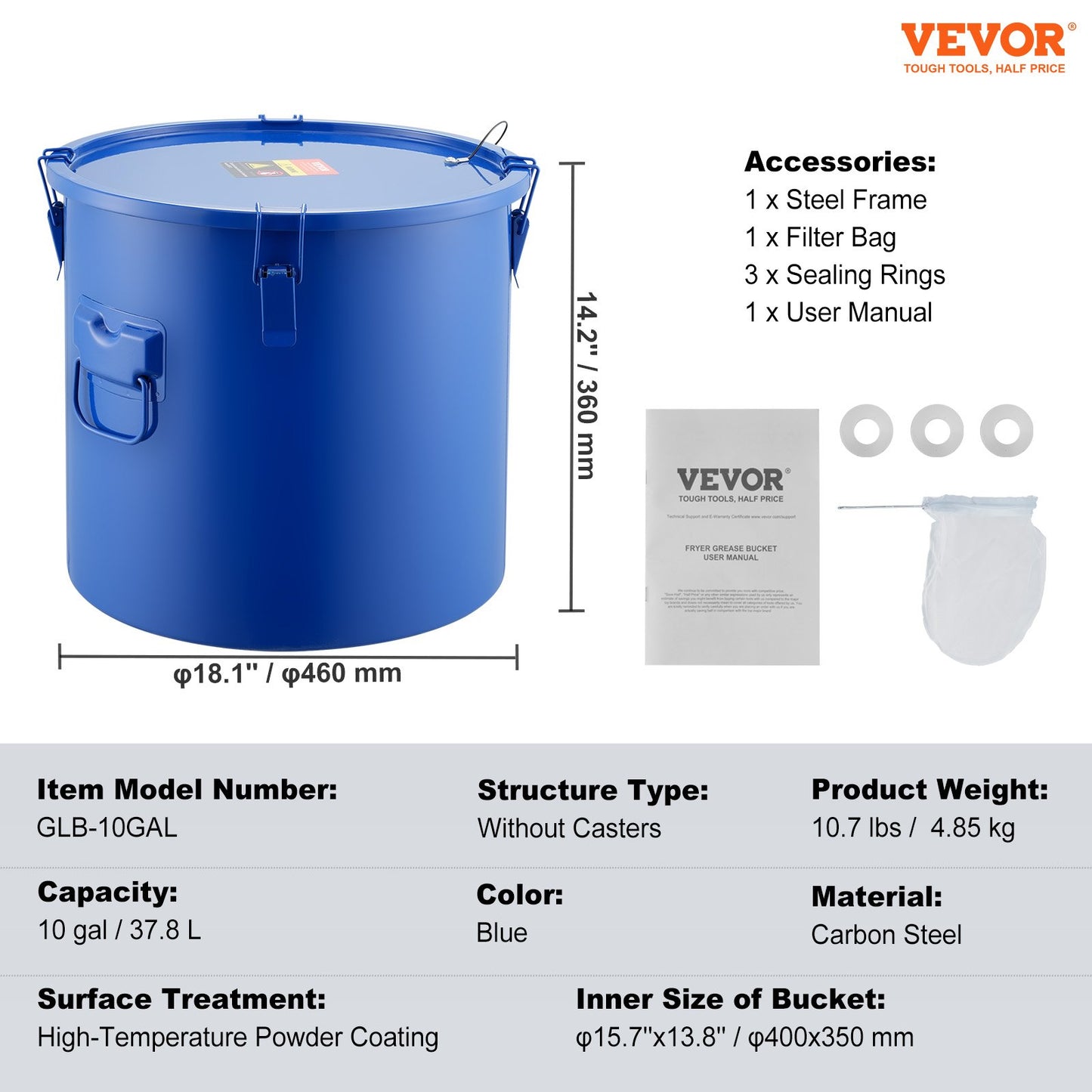 Fryer Grease Bucket, 10 Gal Oil Disposal Caddy Carbon Steel Fryer Oil Bucket with Rust-Proof Coating, Oil Transport Container with Lid, Lock Clips, Filter Bag for Hot Cooking Oil Filtering, Blue
