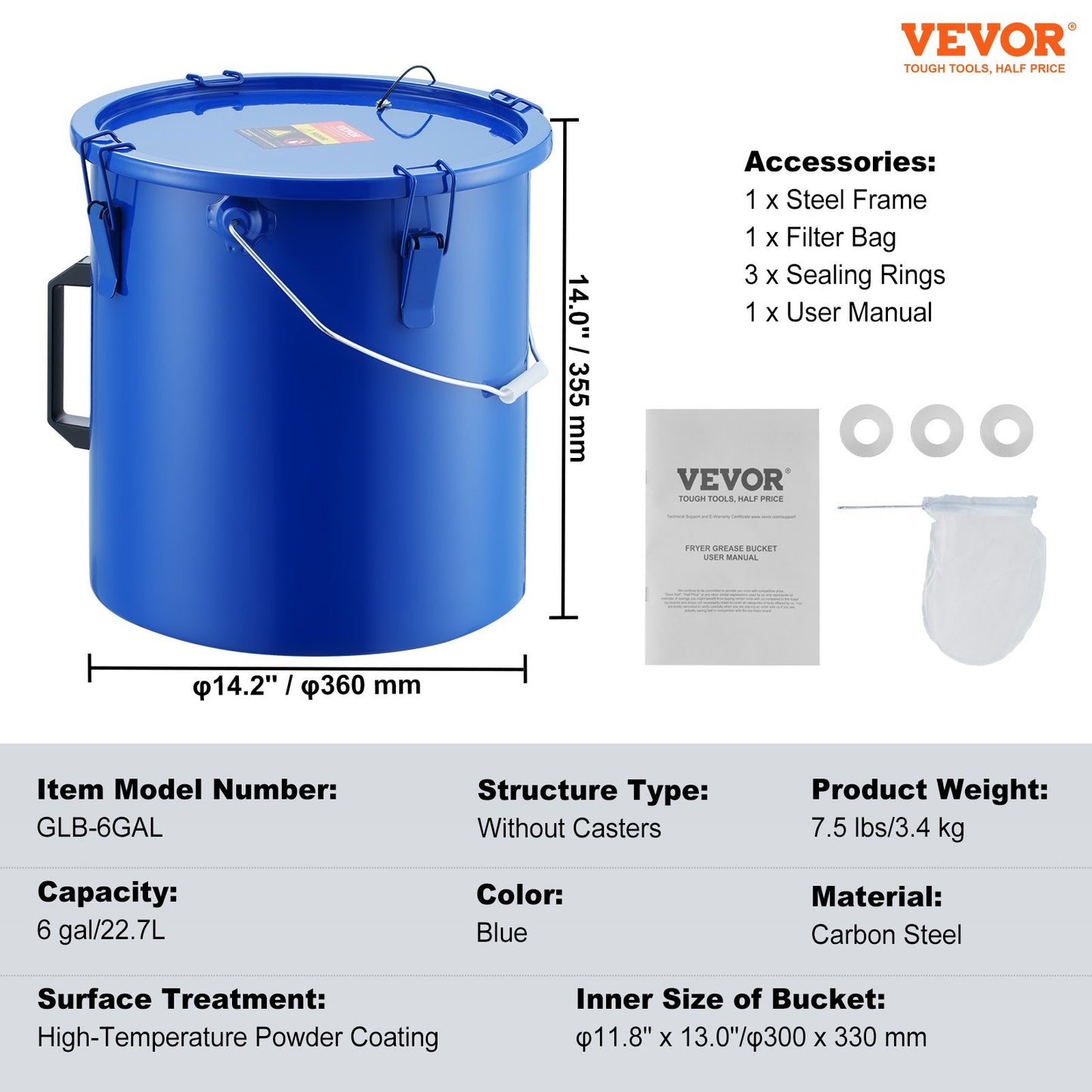 Fryer Grease Bucket, 22.7L Oil Disposal Caddy Carbon Steel Fryer Oil Bucket with Rust-Proof Coating, Oil Transport Container with Lid, Lock Clips, Filter Bag for Hot Cooking Oil Filtering, Blue