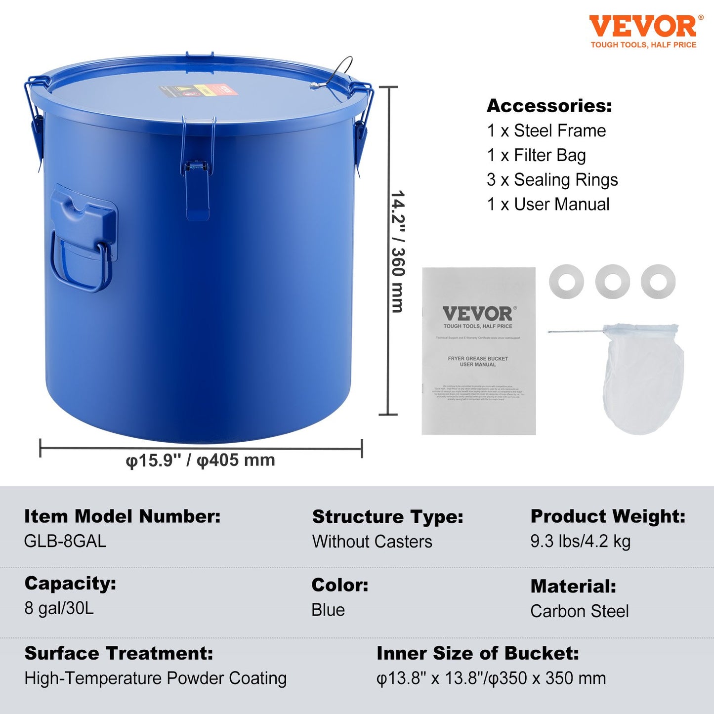 Fryer Grease Bucket, 8 Gal Oil Disposal Caddy Carbon Steel Fryer Oil Bucket with Rust-Proof Coating, Oil Transport Container with Lid, Lock Clips, Filter Bag for Hot Cooking Oil Filtering, Blue